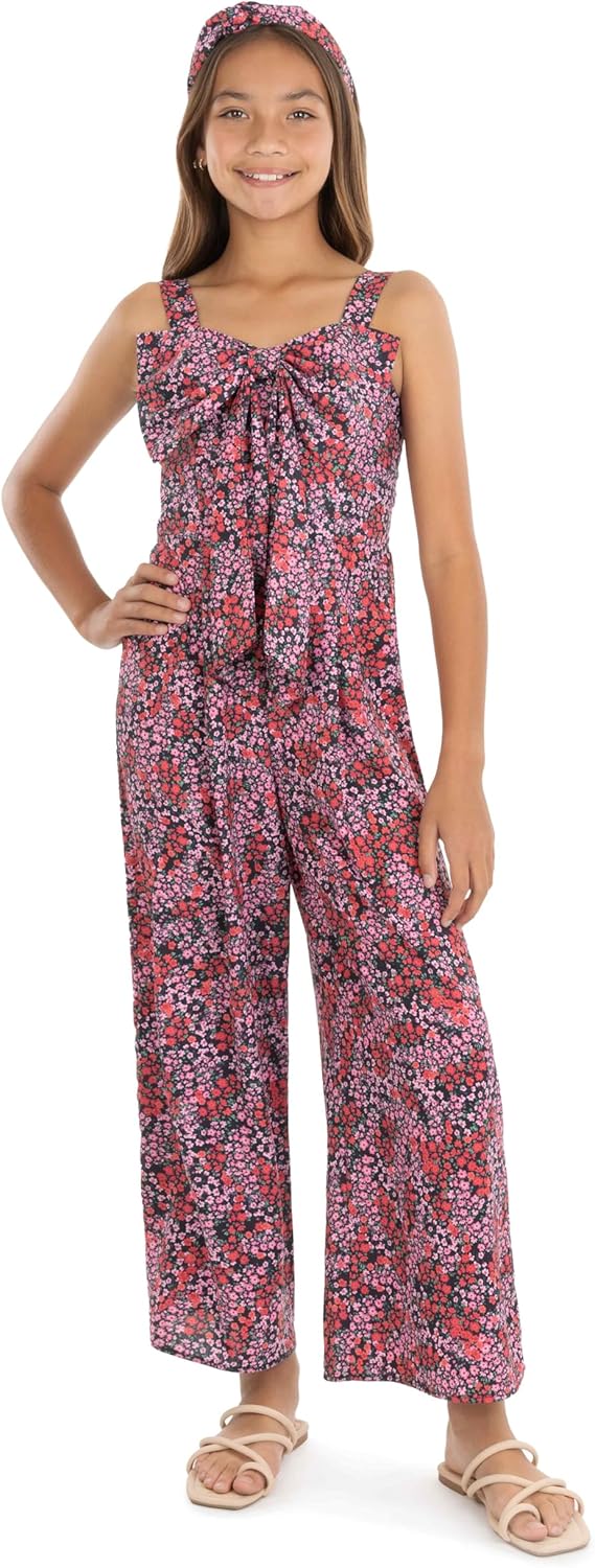 Speechless Girls' Sleeveless Wide Strap Front Bow Jumpsuit With Matching Headband