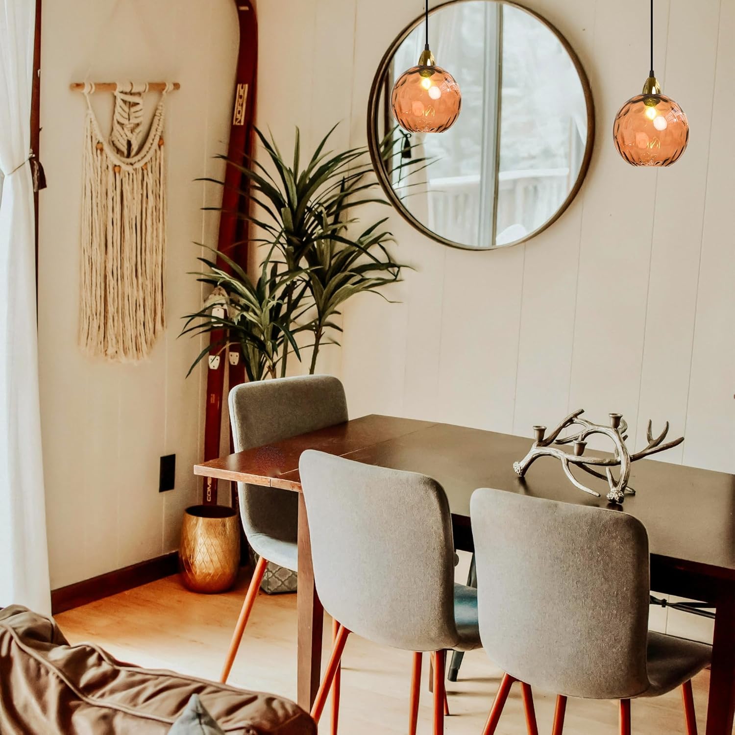 Adjustable Height Juno Track Lighting Pendants, 4 ft Cord, J-Type Dimmable Vintage Metal E26 Socket Chandeliers Orange Hammered Glass Globe for Bar 3 Lights Kitchen Ceiling