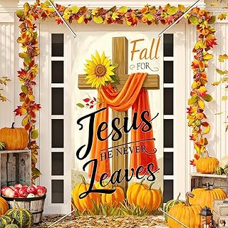Fall for Jesus Door Cover Thanksgiving Backdrop Pumpkin Cross 71x35 Inch Christian Fall Banner for Religious Autumn Decorations Sign for Porch Wall Decor Photo Booth Props