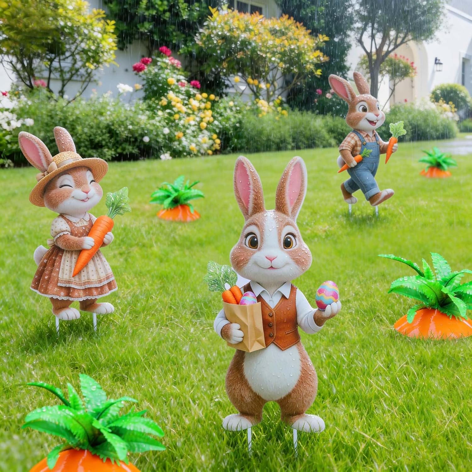 Easter Decorations Outdoor, Total 12 Pcs Bunny Yard Signs with Stakes and Fake Carrot Decor Plastic Waterproof Spring Home Garden Lawn Set