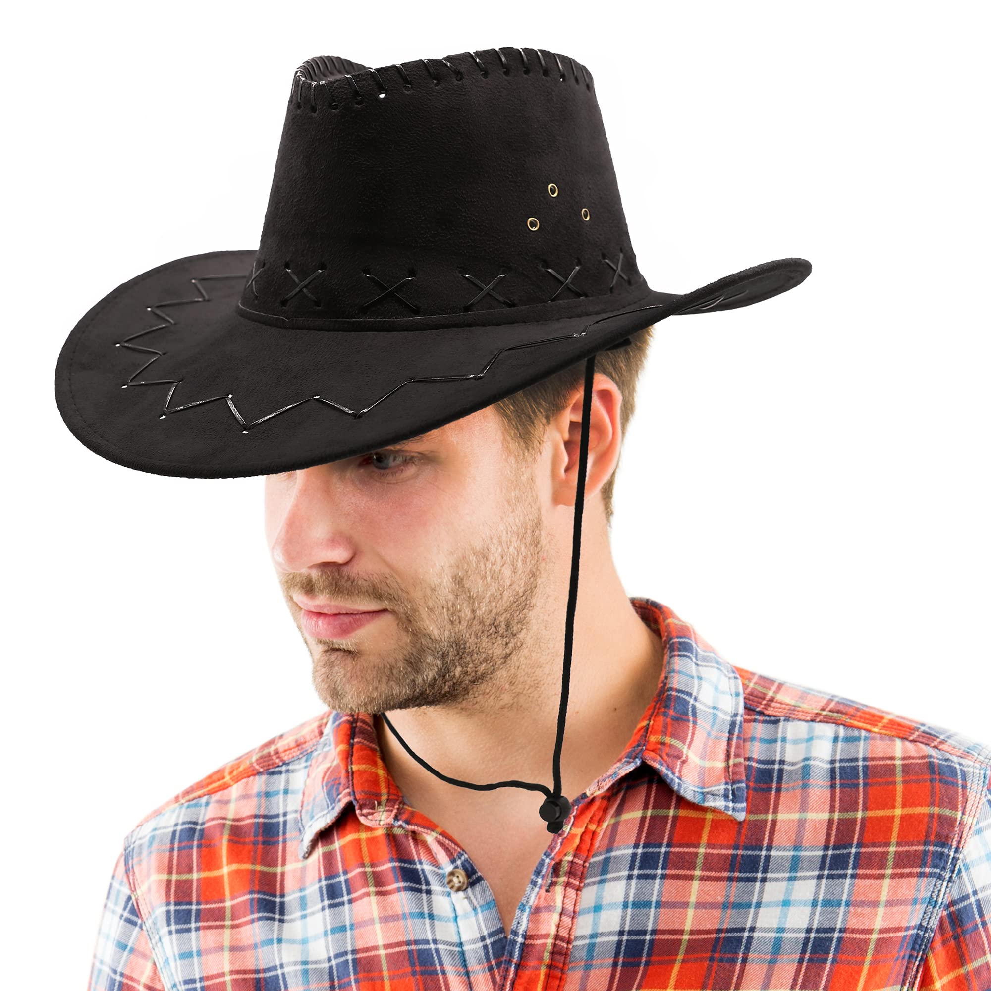 Black Cowboy Hat x24 - Faux Suede with Cross Hatch Stitching Detail and Draw String - Wide Brim Cowboy Hat Fancy Dress Costume Accessory
