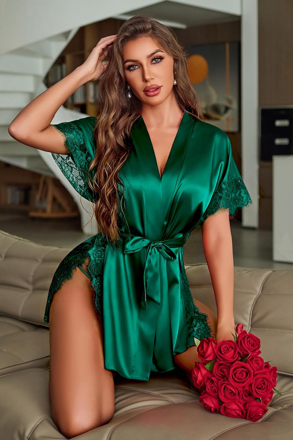 Avidlove Women Lingerie Robe Satin Sleepwear Eyelash Lace Kimono Side Split Sexy Silk Robes - Image 2