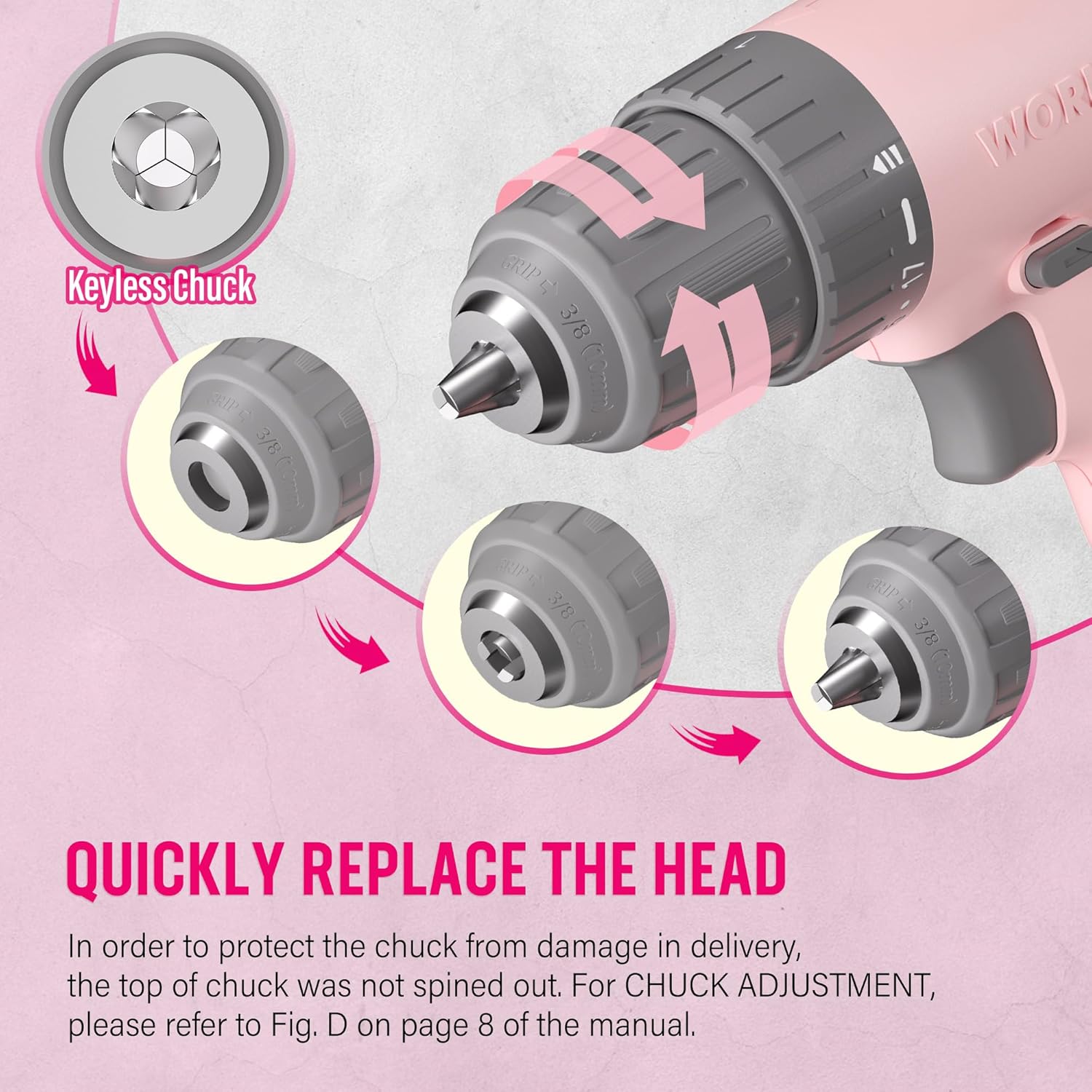 క్లోజ్-అప్ view of the keyless chuck and how to quickly replace the drill head