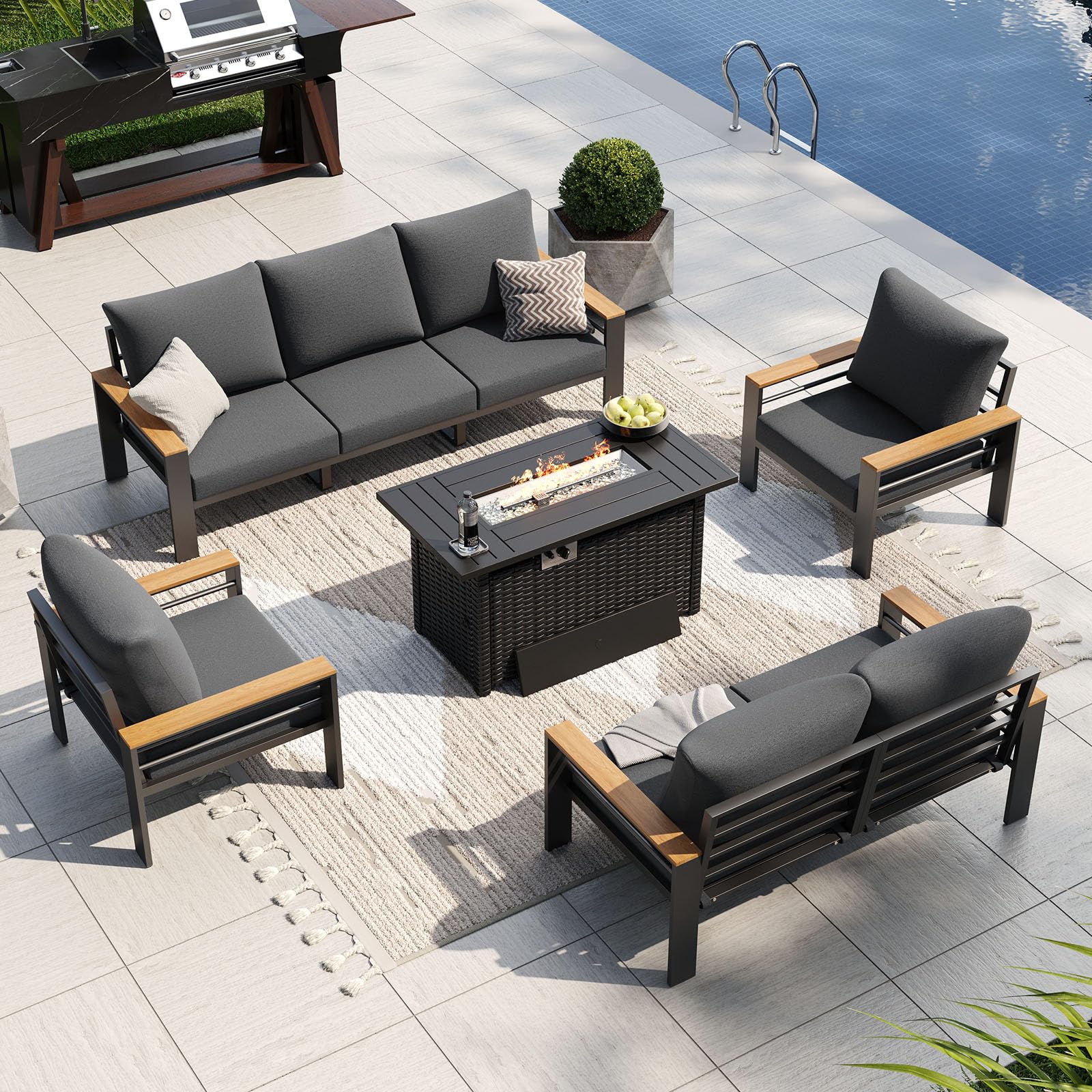 Aoxun Patio Furniture Set, Aluminum Outdoor Furniture with Fire Pit Table