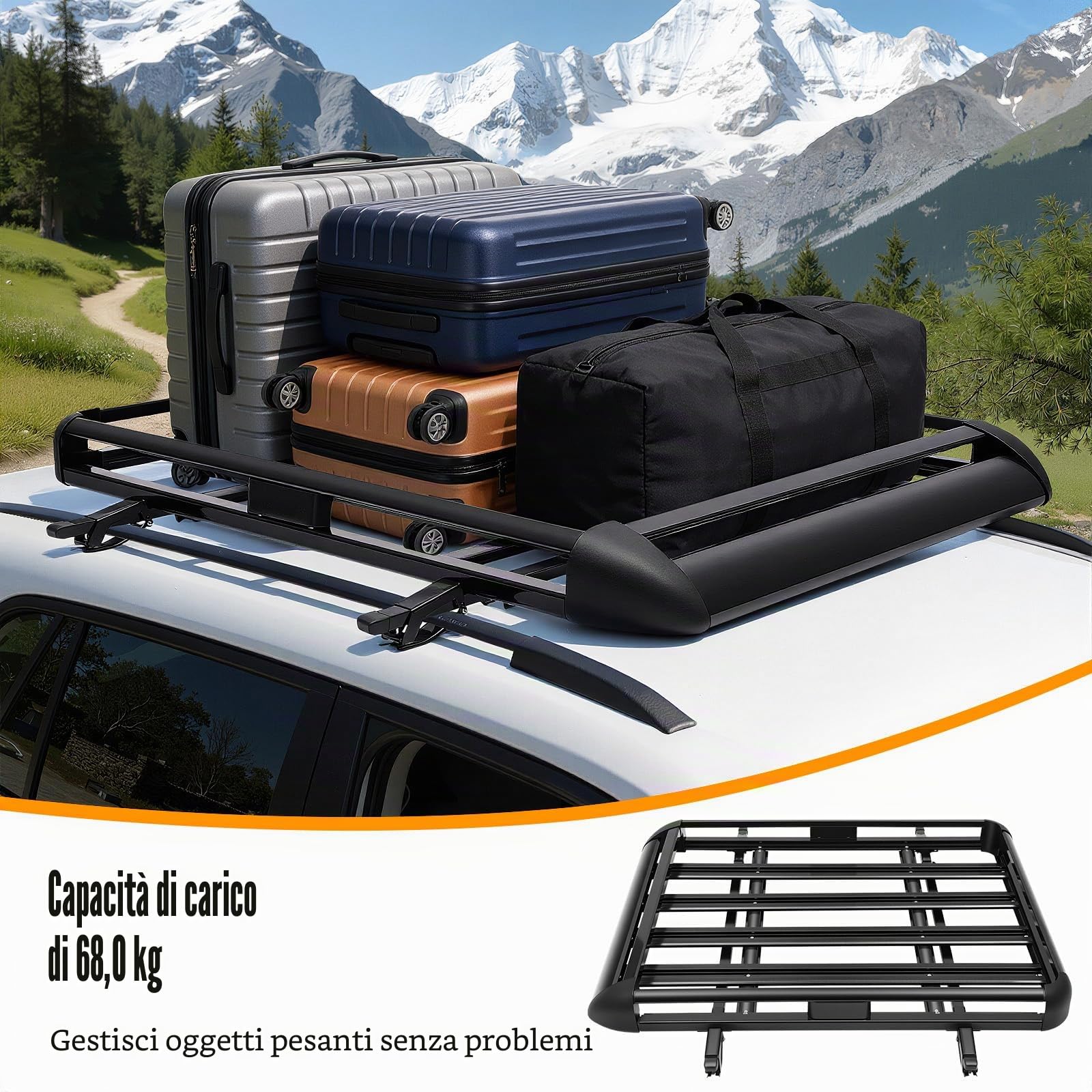 Portapacchi universale da tetto per auto, 127 x 97 cm, con una portata massima di 68 kg, adatto per tutti i tipi di SUV tutti i modelli