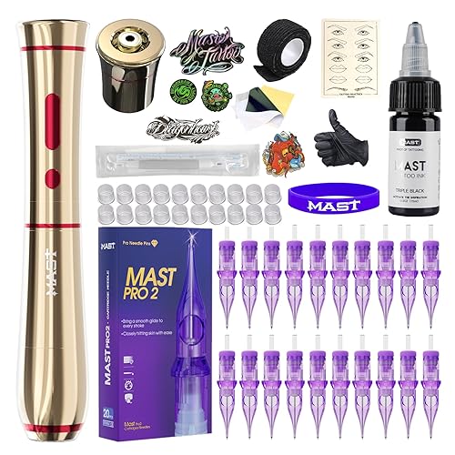 Mast Tattoo P40 Cordless Tattoo Gun Machine Kit - Rotary Tattoo Pen for Eyebrows/Lips/Eyeliner 20Pcs Cartridge Needles Lightweight Slim Body for Artists (Gold)