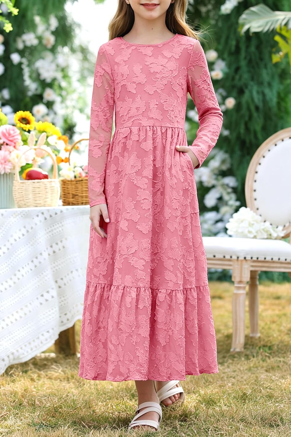 HOSIKA Girls Fall Long Sleeve Flowy Long Dress for Wedding Guest Party