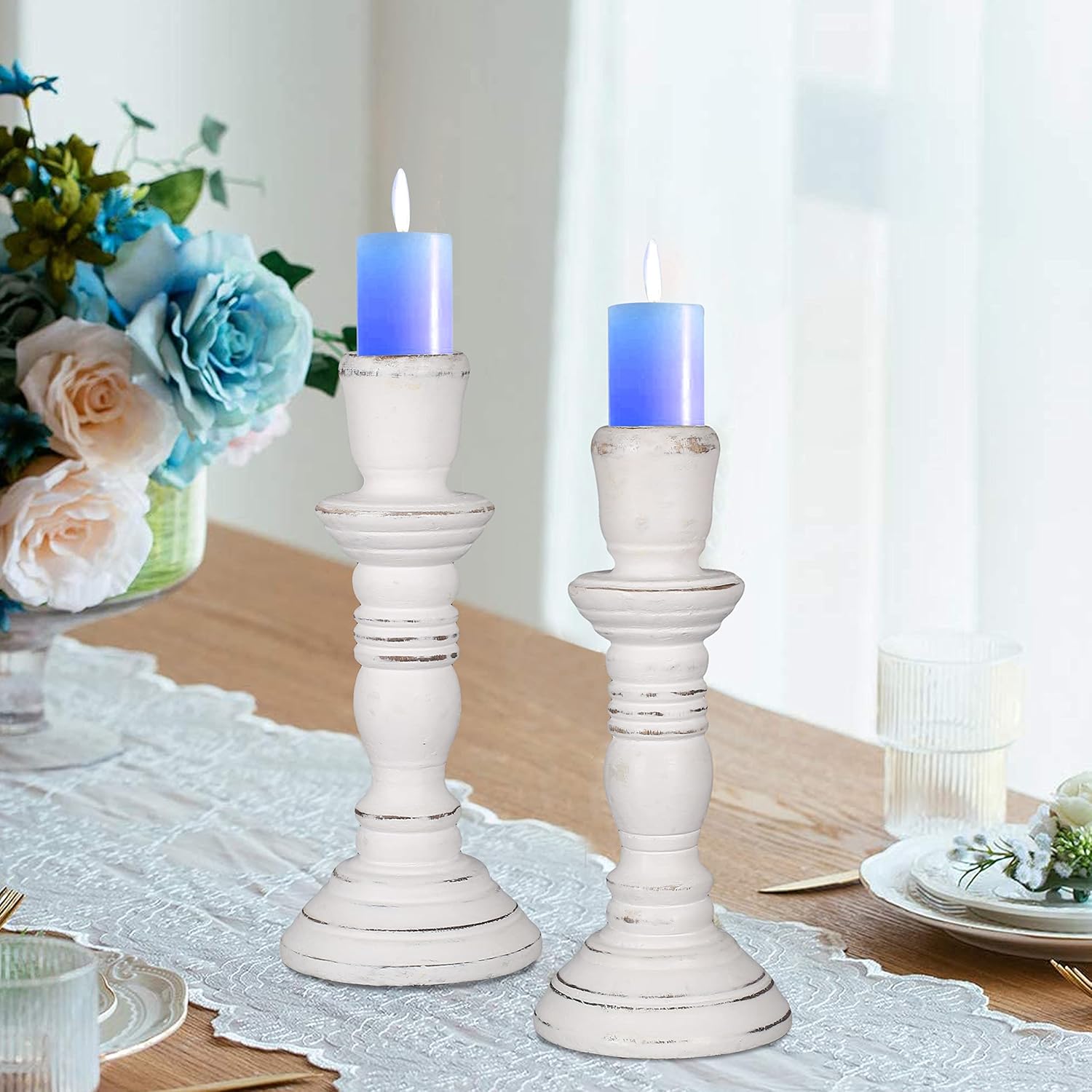 Wooden Candlestick Holder Stand, Decorate Your Dinner Table, Christmas Decoration, Coffee Table, Wedding Party, Family Gatherings, Home, Spa - Decorative Candle Holder - 8 Inch Set of 2 - White
