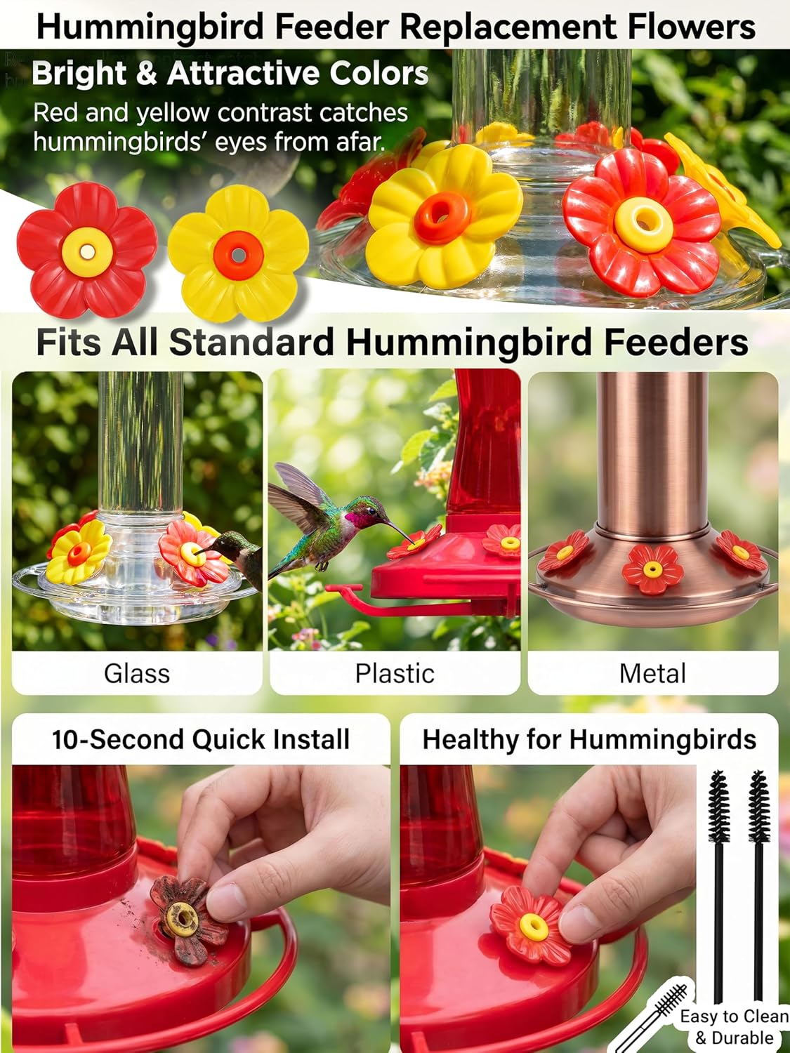 16 PCS Hummingbird Feeders Replacement Flowers Parts with 2 PCS Brush image 2