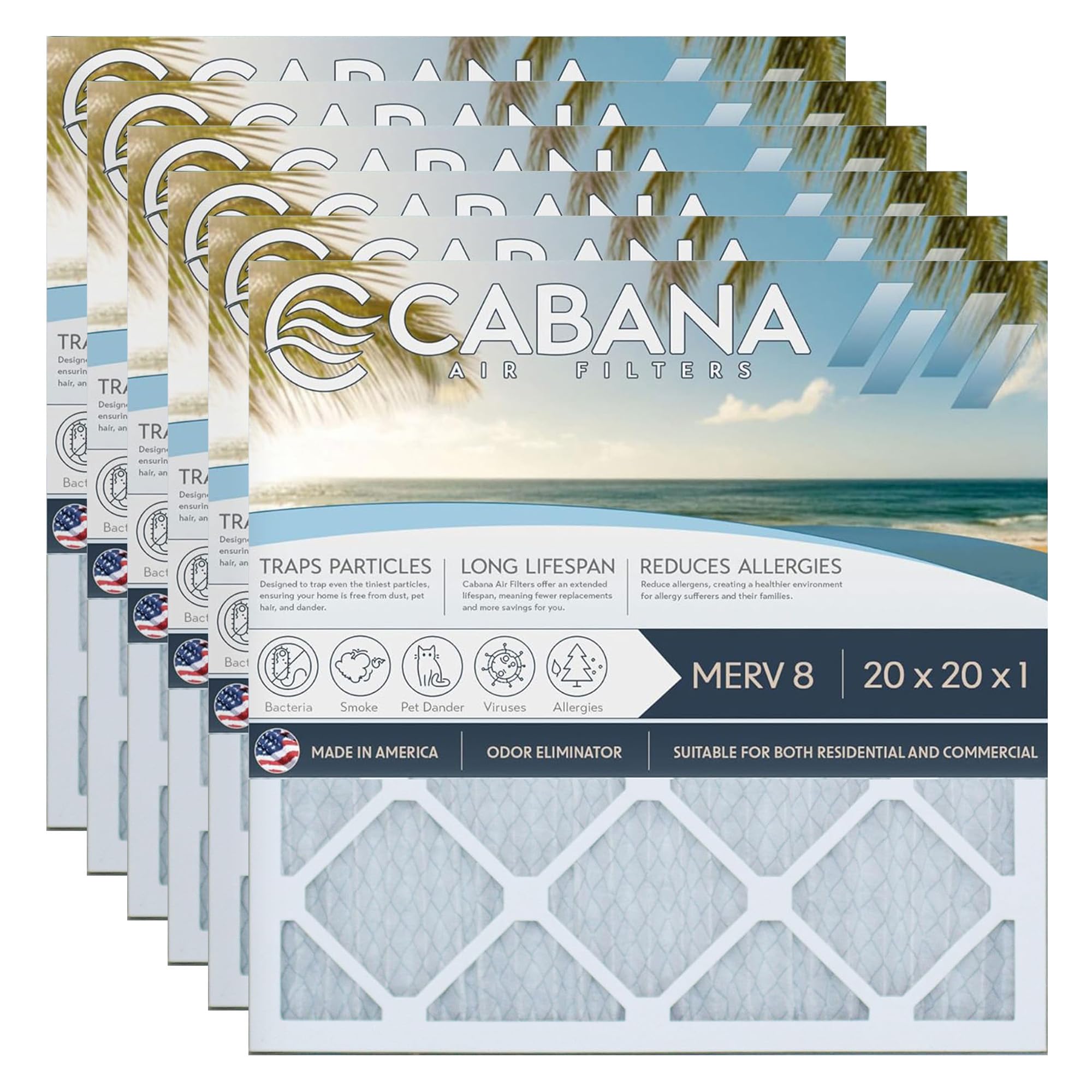 Cabana Filters 6-Pack 20x20x1 MERV 8 AC Furnace Air Filter for