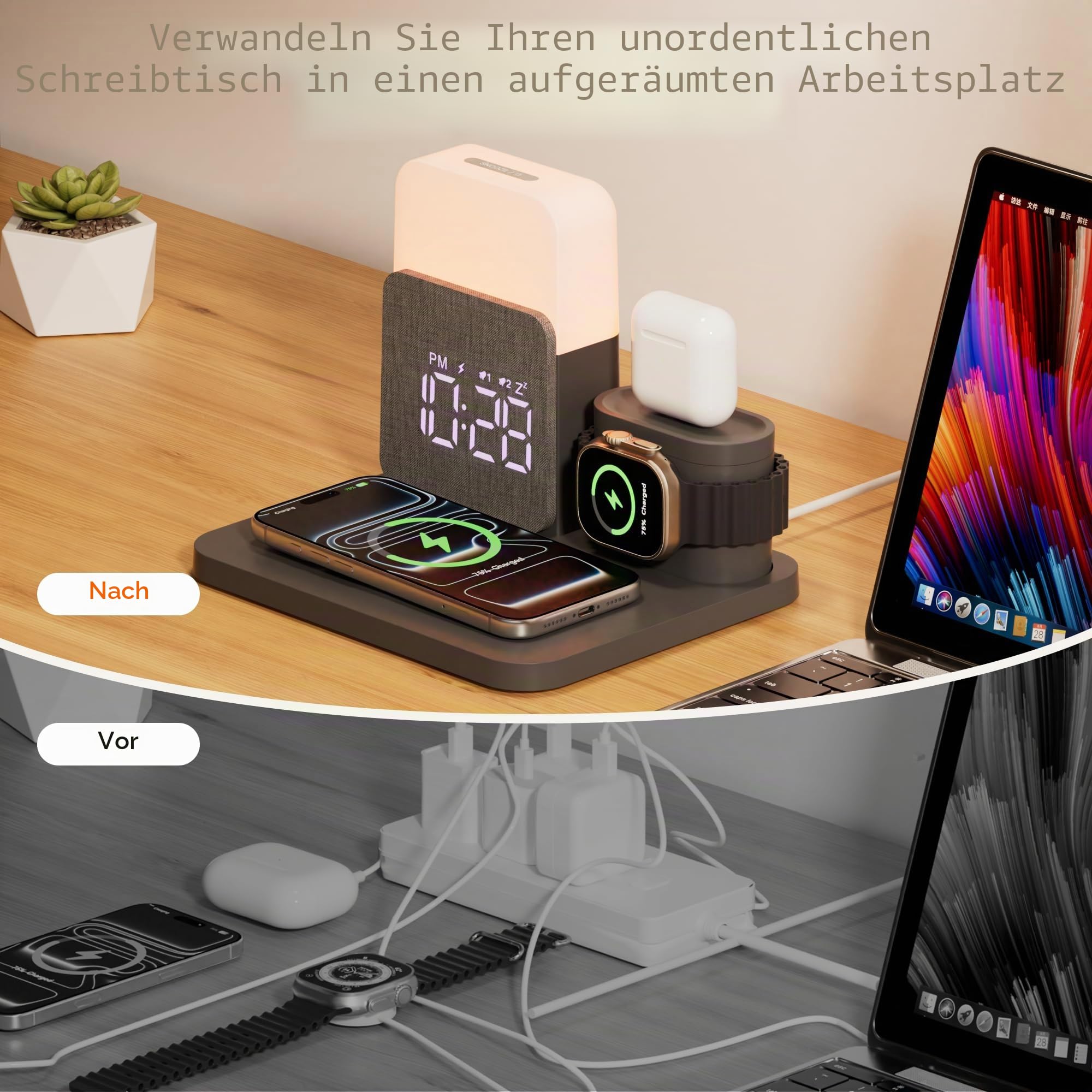 5 in 1 Induktive Ladestation für A-pple Watch und Phone 17-11 und air-pods | 15W Wireless Charger Wecker mit Ladestation Nachttischlampe mit Ladefunktion mit Adapter zu Schlafzimmer