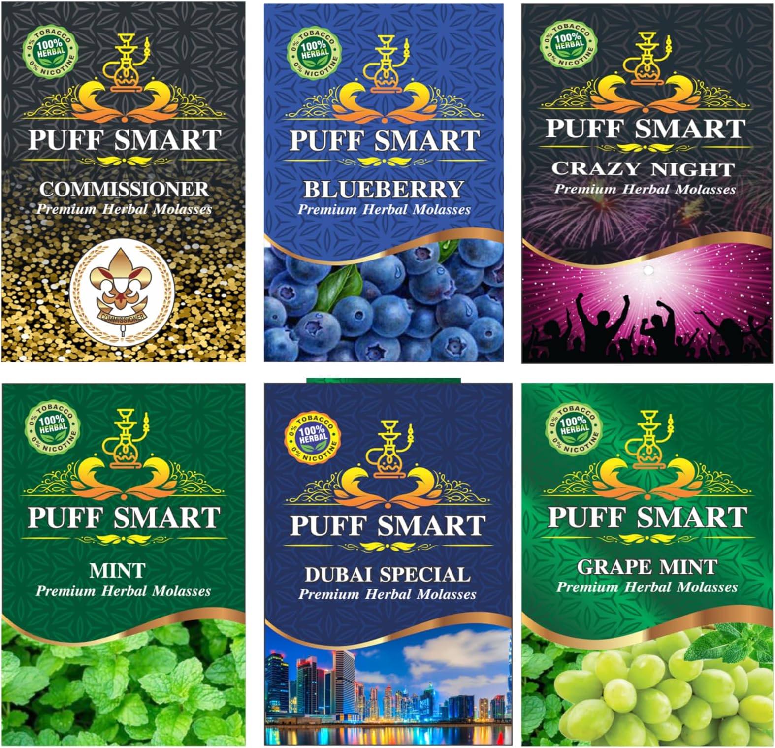 PUFF SMART Blueberry, Dubai Special, Grape Mint, Crazy Night, Comm and Lemon Mint Herbal Molasses (Set of 6) (100% Tobacco and Nicotine Free)