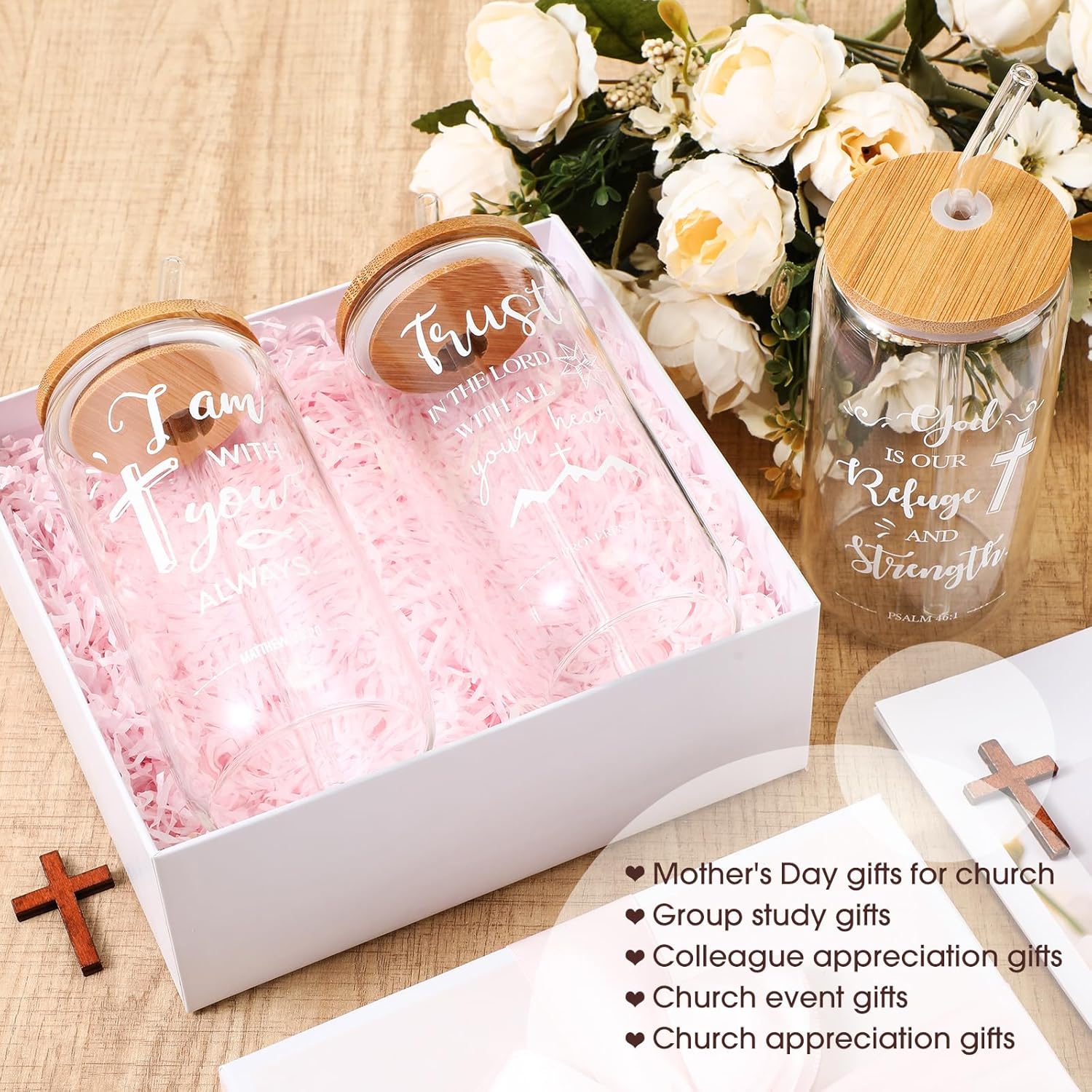 Skylety 16 Sets Christian Glass Cups with Lids and Straws Brushes 16 oz Iced Coffee Cups Inspirational Water Bottle Christian Tumbler Drinking for Women Men Coworkers - Image 3