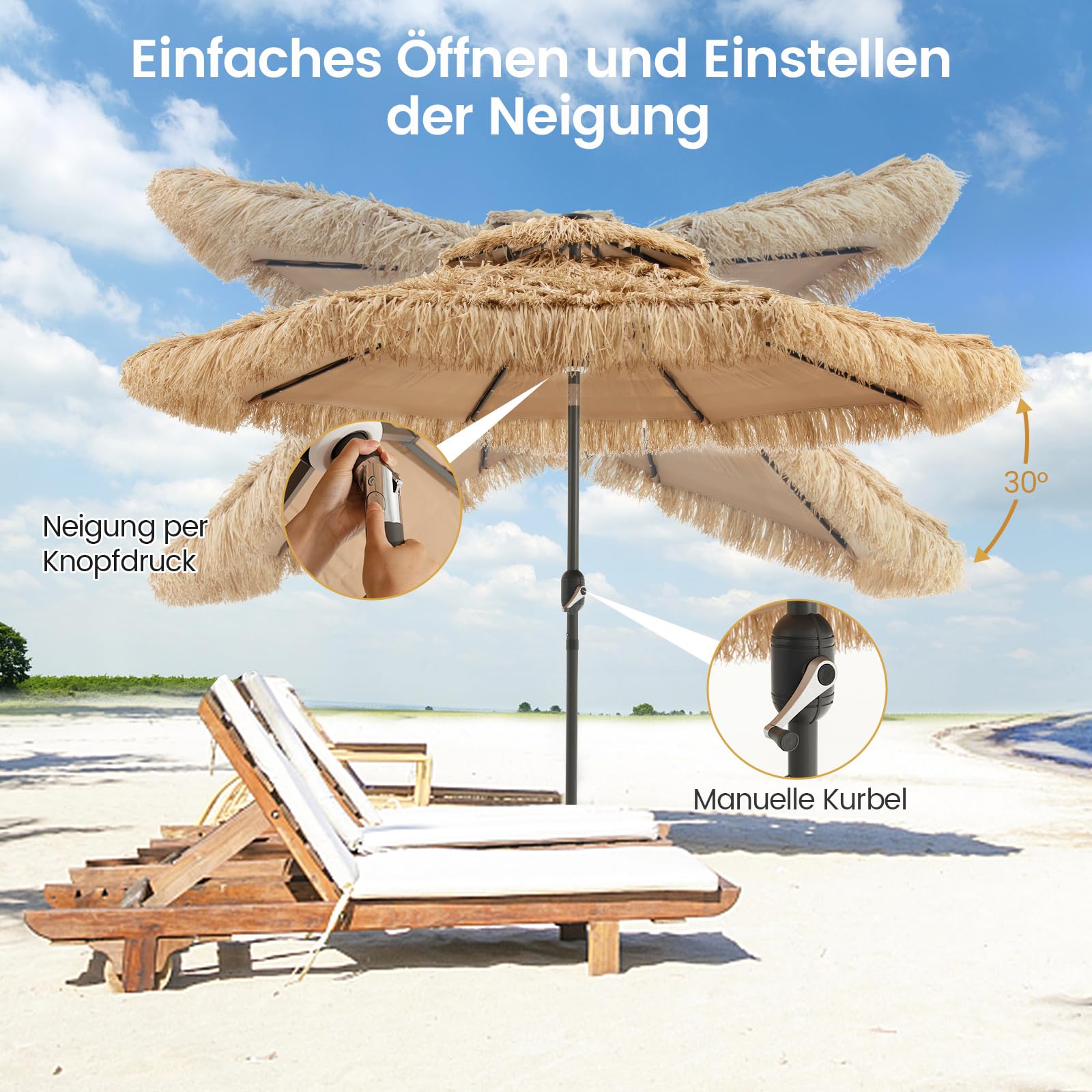 COSTWAY Sonnenschirm Hawaii 300 cm, Strohschirm mit LED-Solar-Beleuchtung und Doppeldach, Gartenschirm Stroh, Strandschirm neigbar, Marktschirm, Terrassenschirm für Garten, Balkon, Terrasse