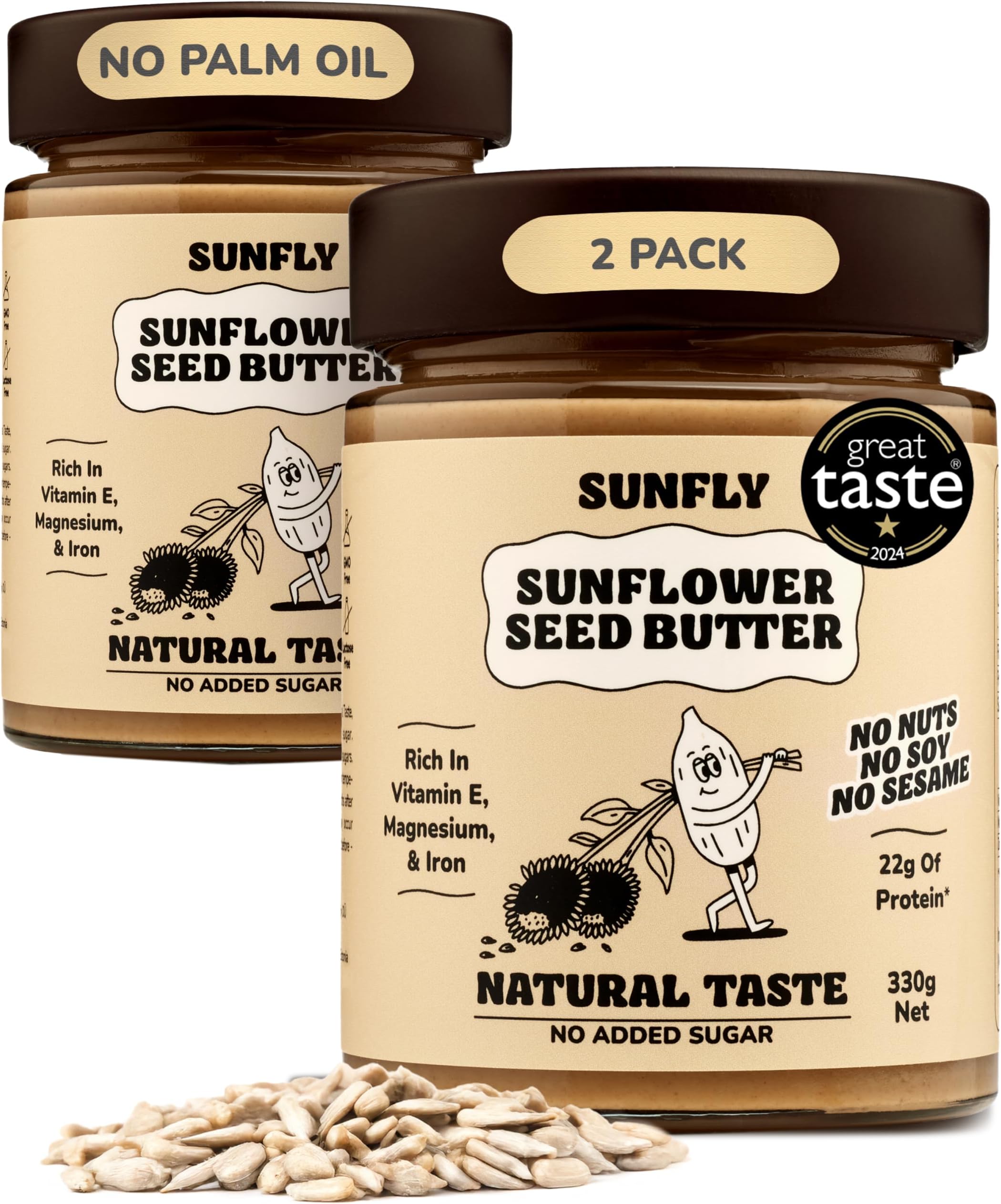 SUNFLY Natural Sunflower Seed Butter - No Added Sugar, Nut-Free, Tahini Alternative - Palm Oil & Allergen Free, High Protein Vegan Spread with Natural Sweeteners - 2 x 330g Jars