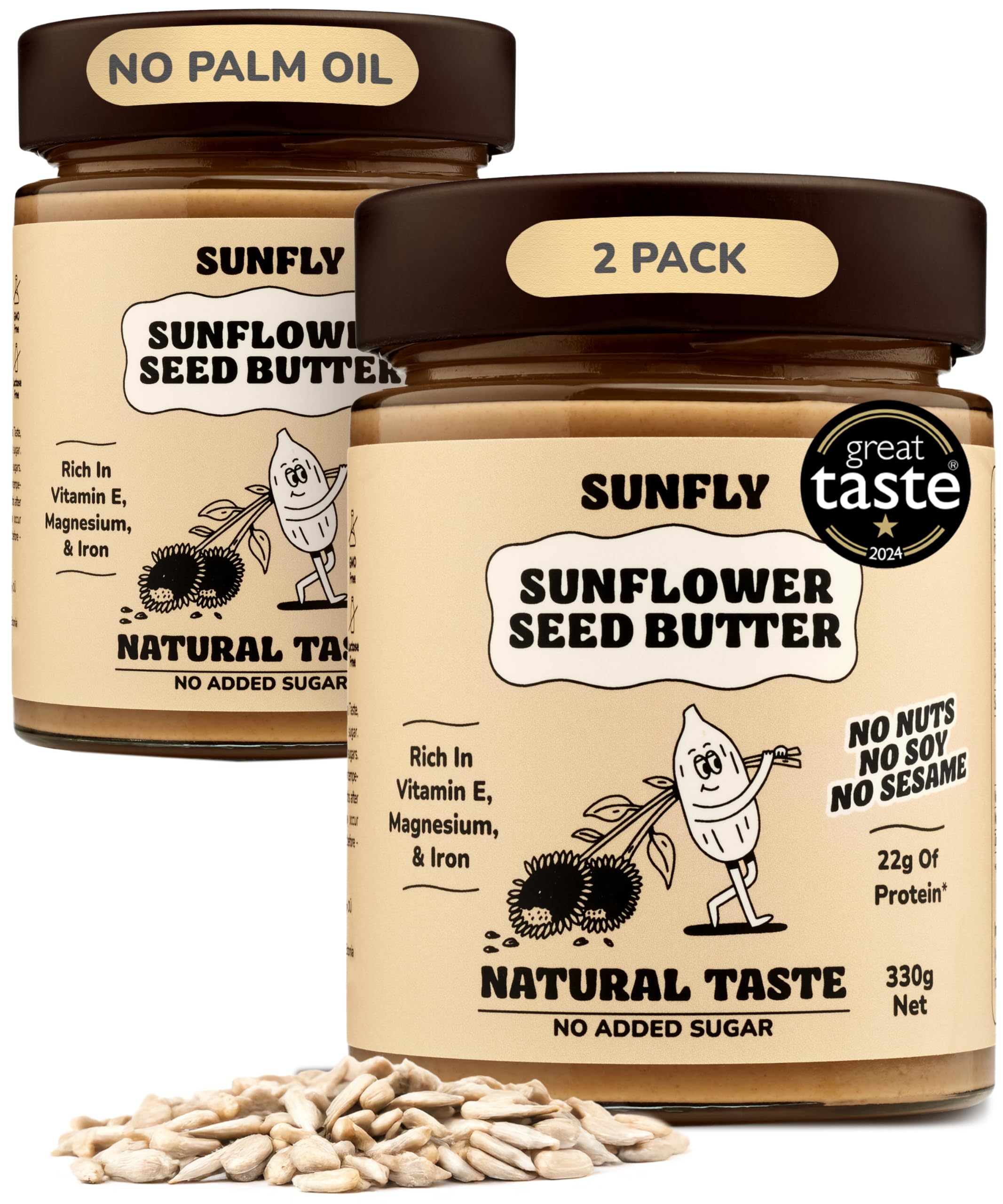 SUNFLY Natural Sunflower Seed Butter - No Added Sugar, Nut-Free, Tahini Alternative - Palm Oil & Allergen Free, High Protein Vegan Spread with Natural Sweeteners - 2 x 330g Jars