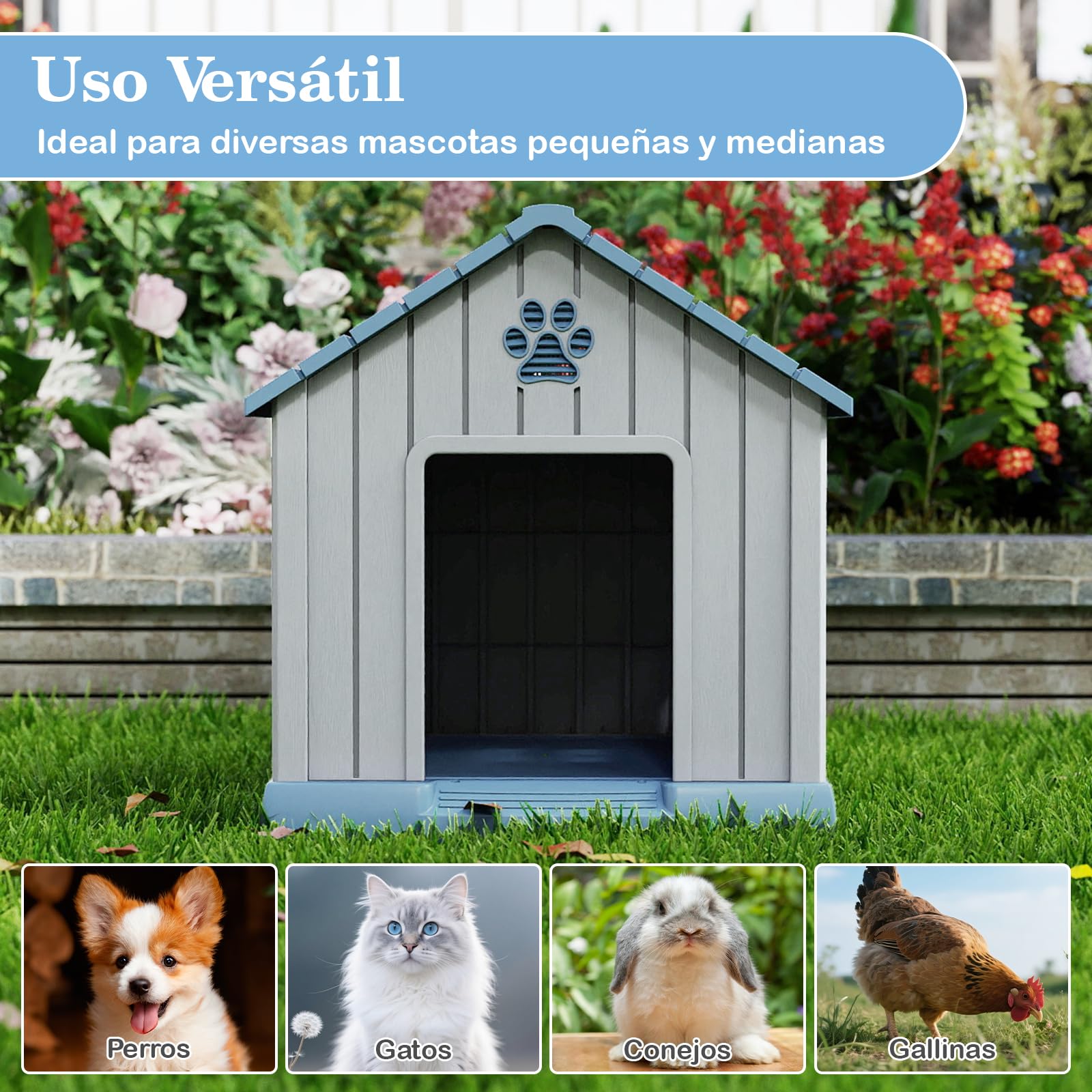 COSTWAY Caseta Perro Grande, 76x83x83 cm, Casa de Perro Exterior con Rejillas de Ventilaciones y Base Elevado, Refugio Impermeable Aislado para Mascotas Pequeños y Medianos Interior y Exterior, Azul