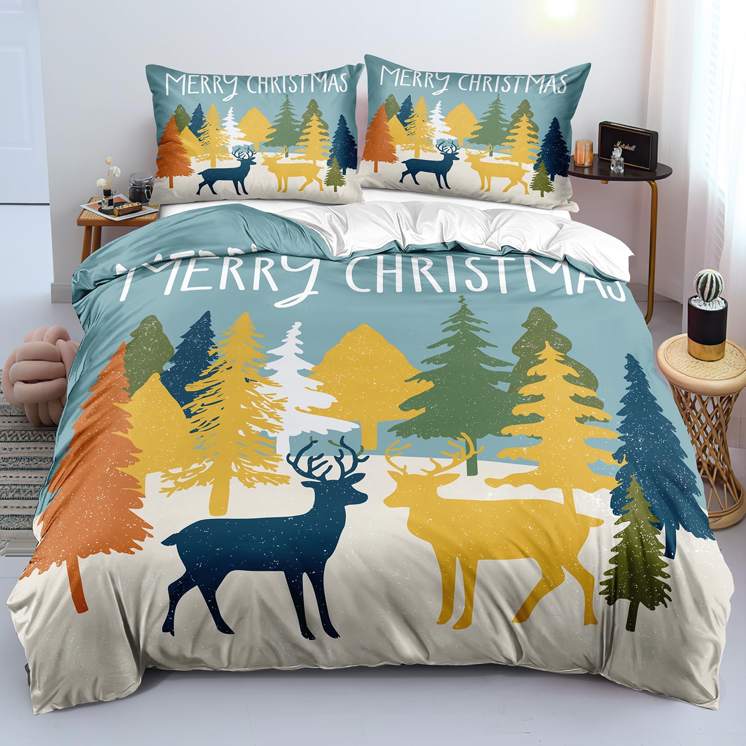 Parure de lit Joyeux Noël en microfibre imprimée sapin et rennes