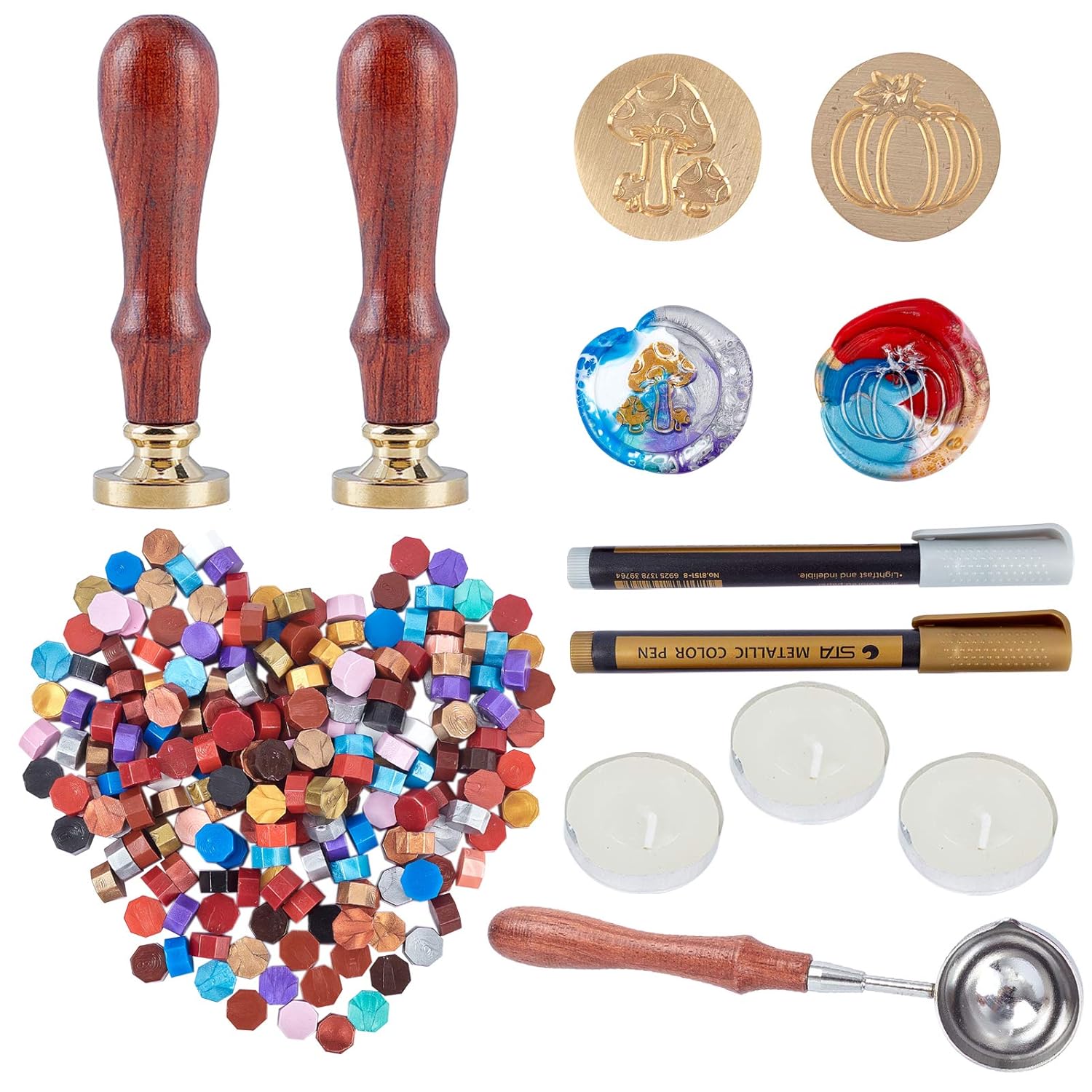 CRASPIRE Wax Seal Beads Kit 200Pcs Sealing 2Pcs Stamp Pumpkin and Mushroom Marker Pen 3PCS Candles Melting Spoon for Greeting Invitation Card Decoration