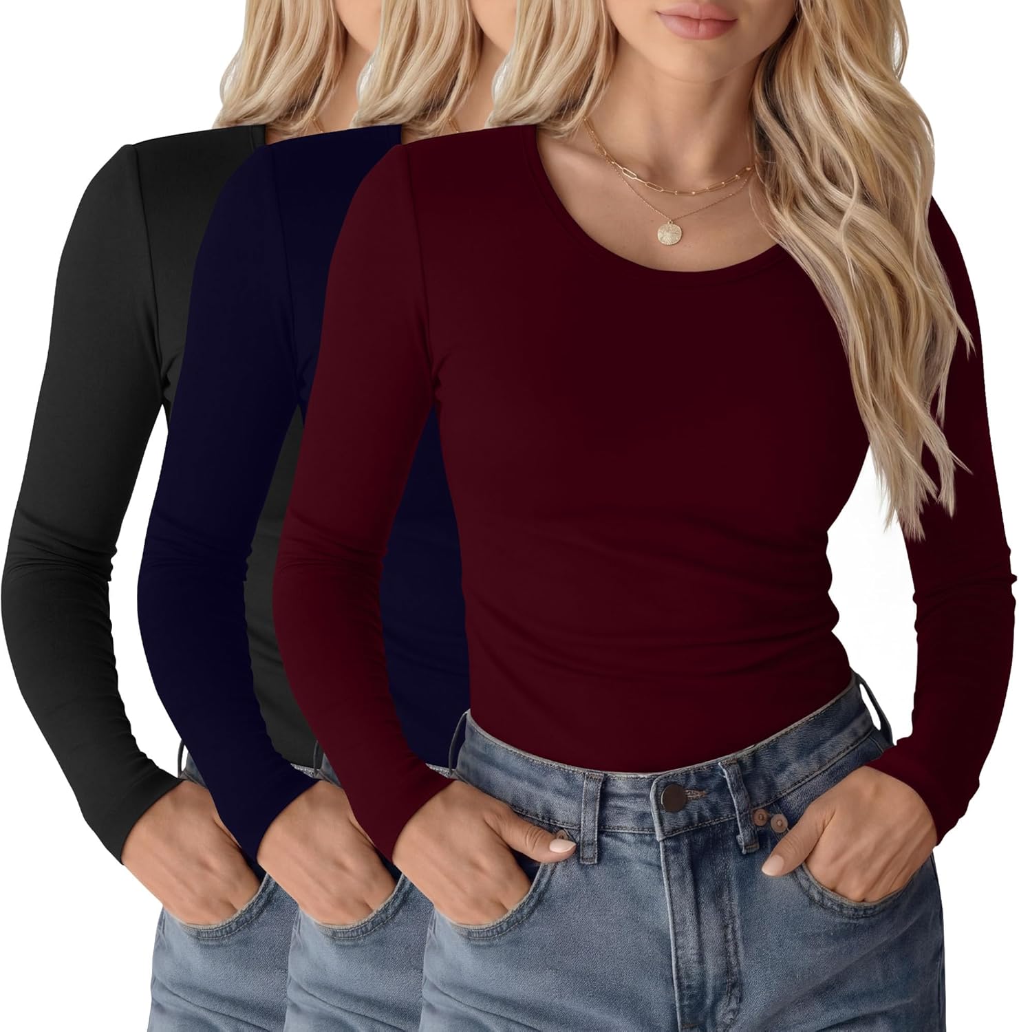 Riyiper 3 Pack Women's Long Sleeve Reversible Shirts Scoop Neck Deep V Neck Tops Slim Fit Undershirts Fall Stretchy Layer Tee