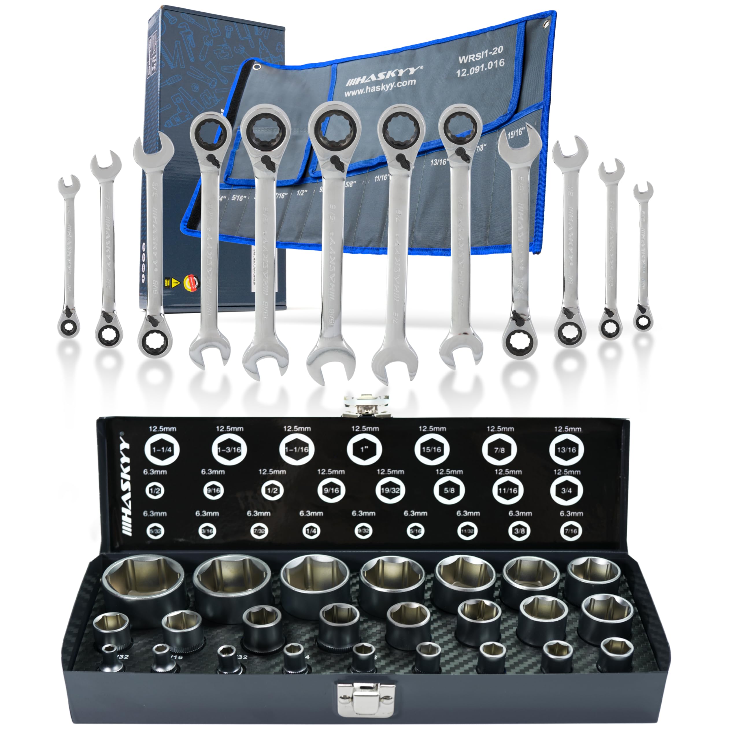 HASKYY Juego de herramientas en pulgadas - Set de vasos 24 piezas 5/32"-1.1/4" y llaves de carraca 12 piezas 1/4"-15/16" con ángulo de trabajo 15° – SAE/Inch para vehículos US