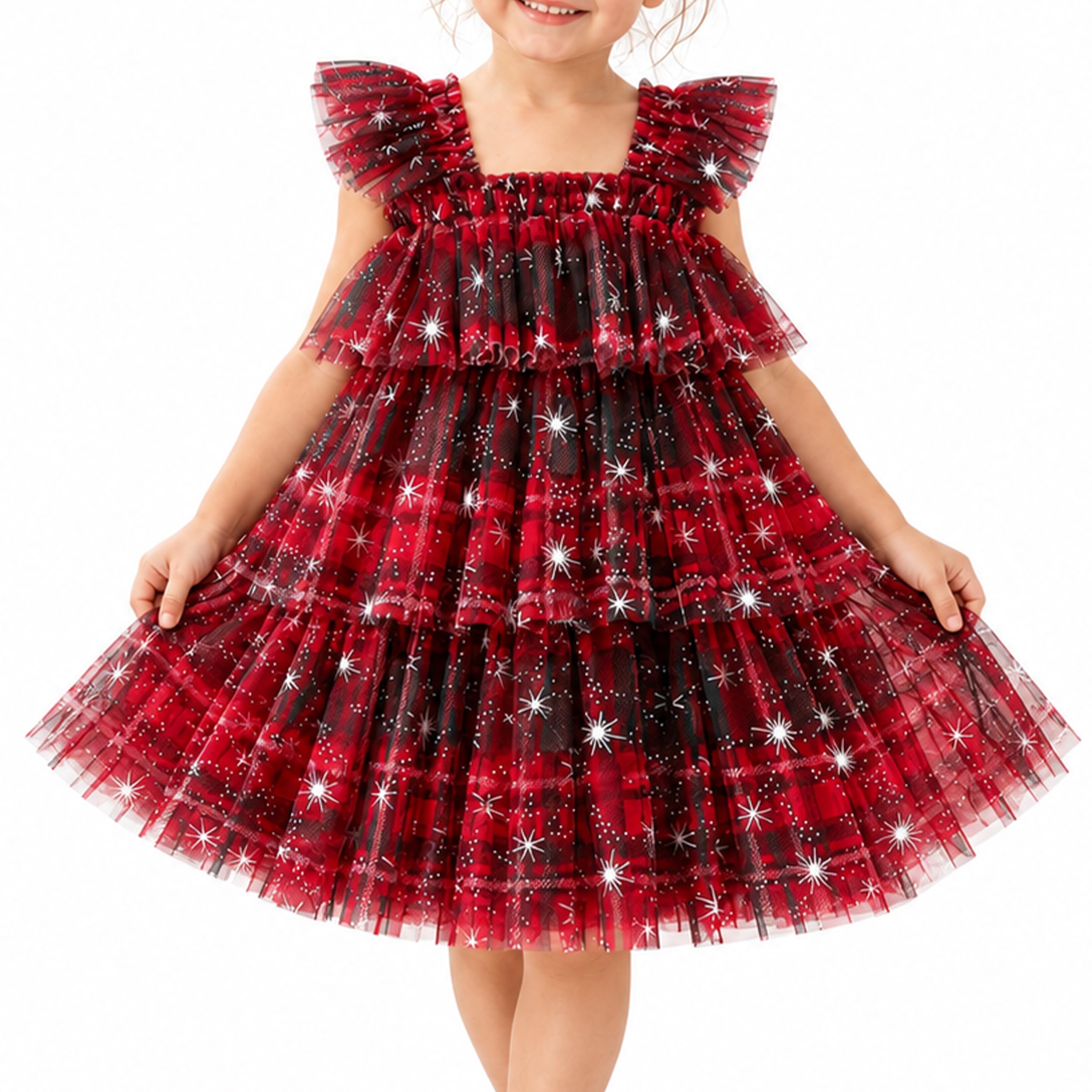 Mädchen Tüllkleid Festkleid mit Sternen & 3D-Blüten, 6 Monate–6 Jahre