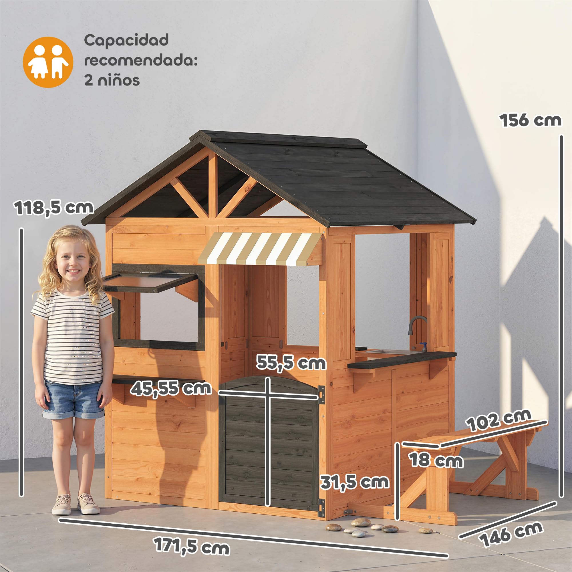 AIYAPLAY Casita Infantil Exterior e Interior de Madera, Casita Infantil Grande con Cocina de Juguete, Banco de Picnic, Ventanas de Servicio, Media Puerta, Casa de Jardín para Niños de 3-8 Años, Marrón