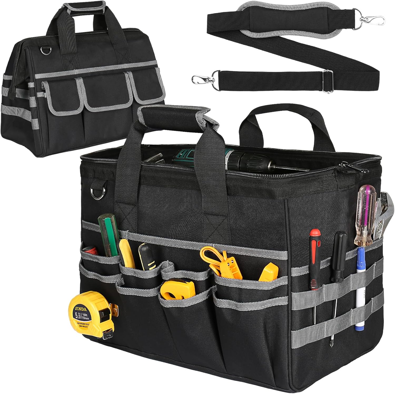 Heavy Duty Tool Bag,16.5 Inch Tool Bags for Men with 29 Pockets Portable Empty Tool Box Organizer,Waterproof Heavy Duty Tool Bag with Soft Handle Large Zipper,Father Day Gifts for Him Dad Men