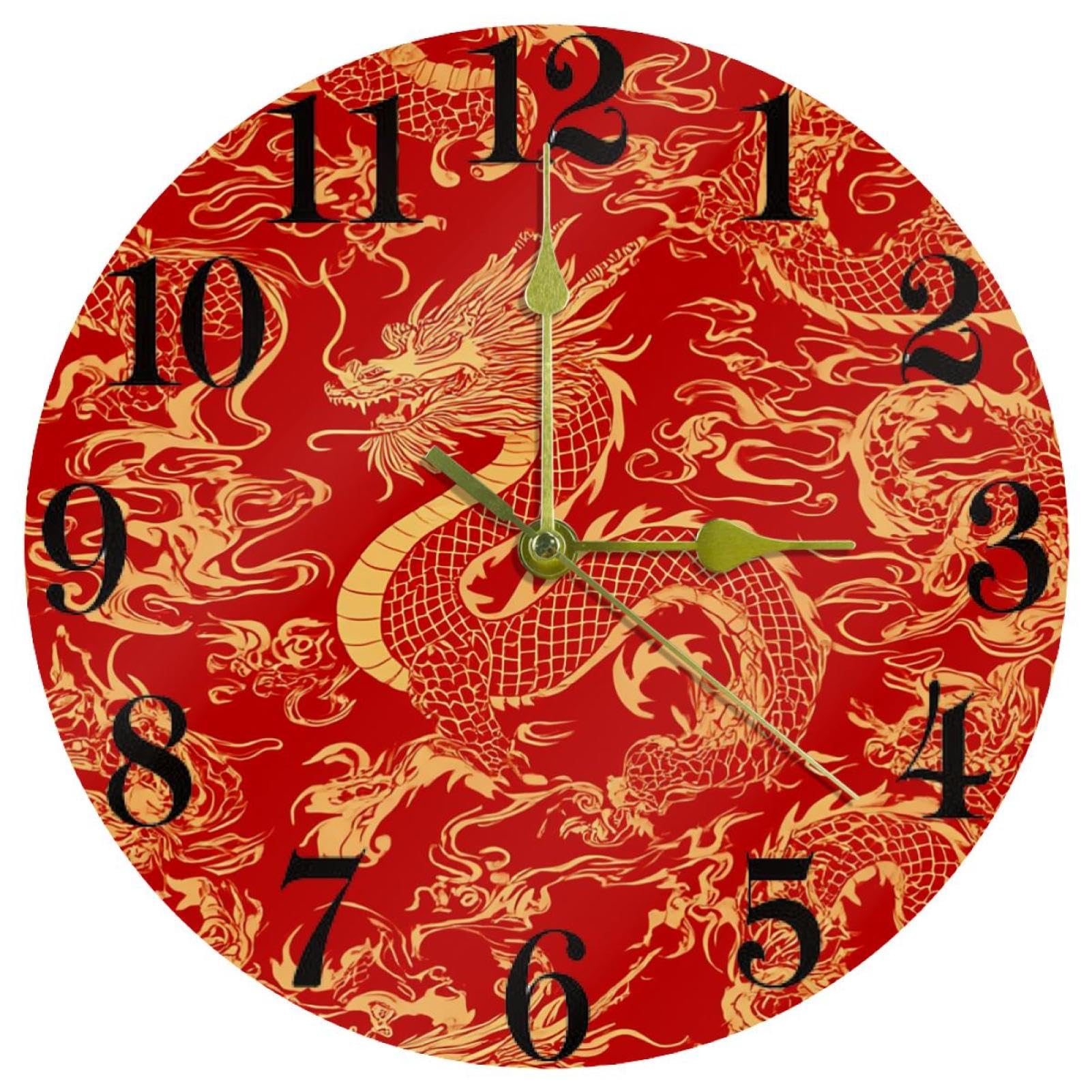 Horloge murale dragon chinois rouge et dorée en quartz silencieux