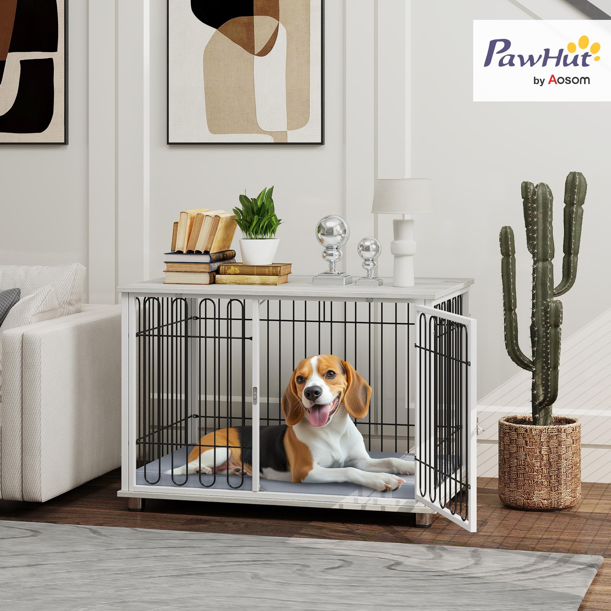 PawHut Cage pour Chien, Meuble Cage Chien intérieur avec Coussin, Pieds réglables, Table d'appoint, Fil d'acier Solide, pour Chiens Moyens jusqu'à 20 kg, 90 x 58 x 62,5 cm, Gris