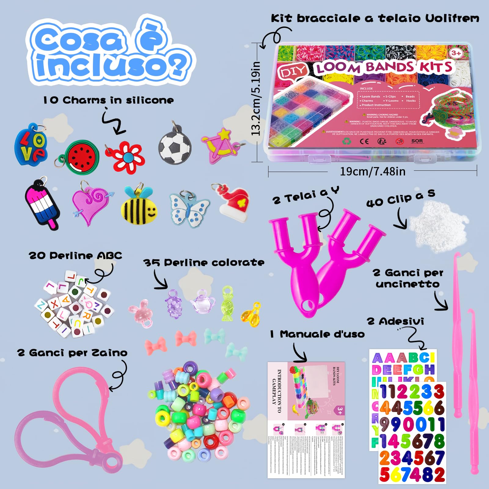 Uolifrem 2500+ Elastici per Braccialetti Bambini, 22 Colori Elastici Braccialetti Kit, Fai Da Te Loom Bands Kit con Accessori,Starter kit di elastici, Regalo per Ragazze e Ragazzi