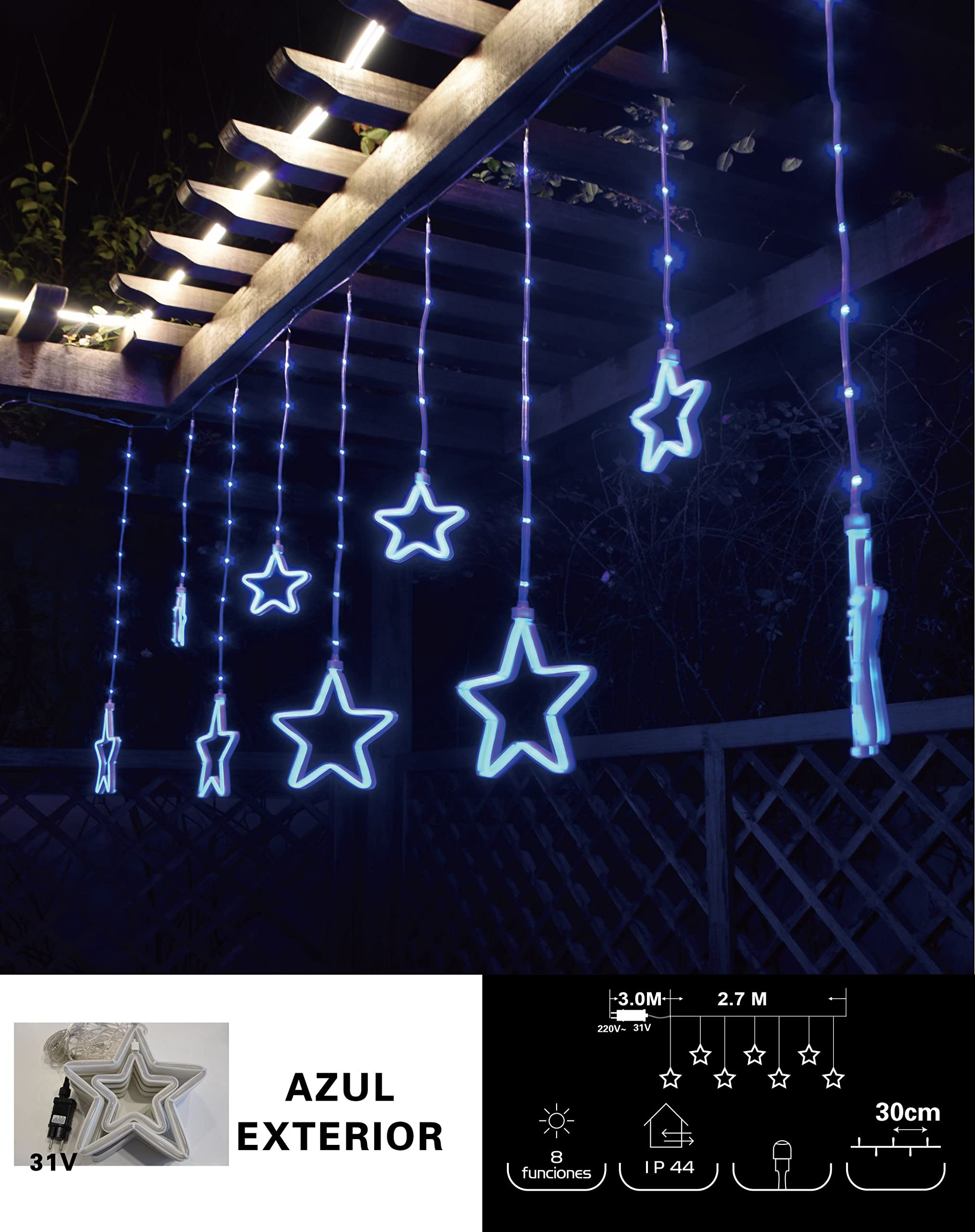 H HANSEL HOME Guirnalda de Luces Estrella LED Cortina de Luces Impermeable IP44 8 Funciones Exterior y Interior Decoración para Navidad Salón Bodas Fiesta Jardín - Luz Azul