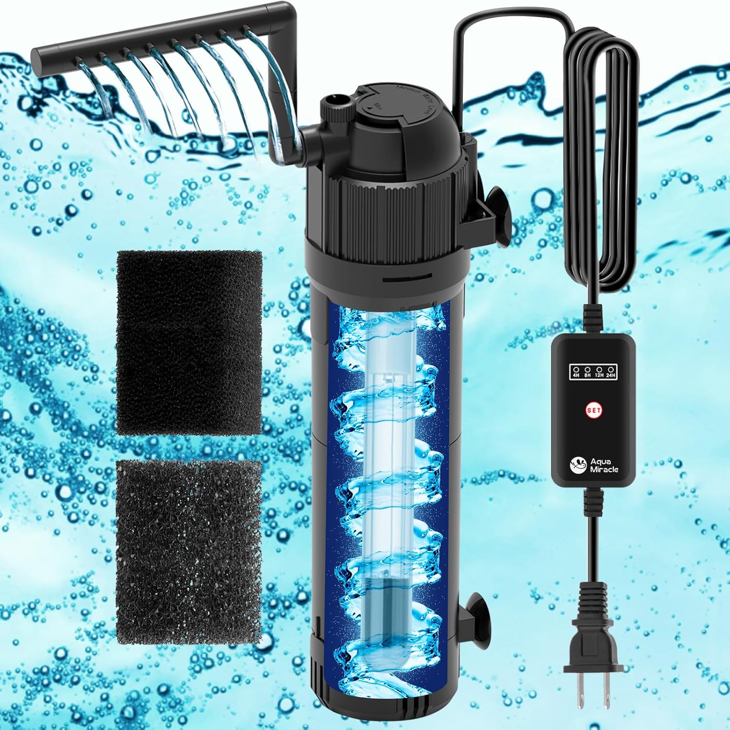 AquaMiracle Aquarium Filter for Green Water, U - V Fish Tank Filter with Timer (4/8/12/24 Hrs), Dual Mode (Aeration/Rainfall) Fish Filter for 40-120 Gallon Tanks, Flow Rate and Direction Adjustable