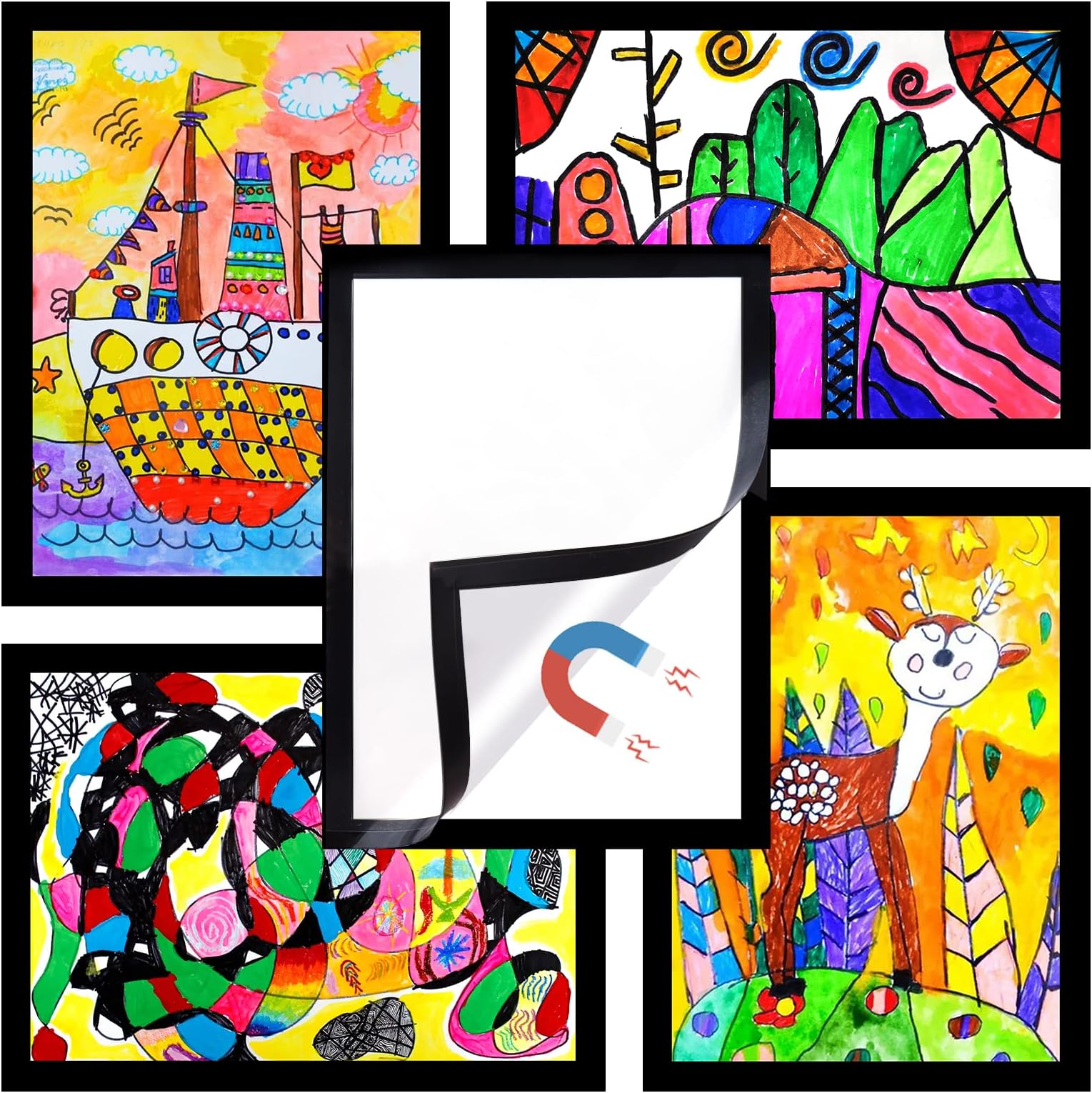 Vodolo 5-Pack Kids Artwork Frames Changeable, Kids Art Display Frame with Self Adhesive Backing, Magnetic Children Artwork Storage Frames, A4 Picture Frames Changeable for Drawing Crafting
