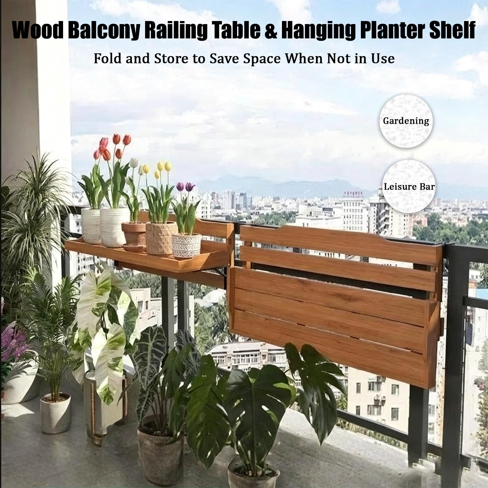 Tavolino Da Ringhiera Balcone Pieghevole Legno, Tavolino Da Balcone Pieghevole Spessore Ringhiera Da 3-10 Cm Estensione a Parete Sospeso per Giardino Con Patio (Wood, 60cm)
