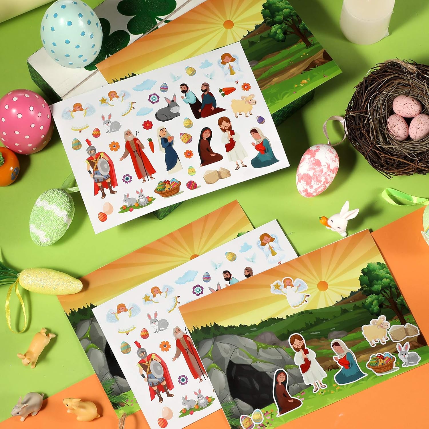 Zonon 30 Pieces Easter Stickers Make an Easter He Lives Sticker Resurrection Scenes Includes 15 Paper Background and 15 Sheets, Mix and Match Basket Stuffers for Party, Spring Activity