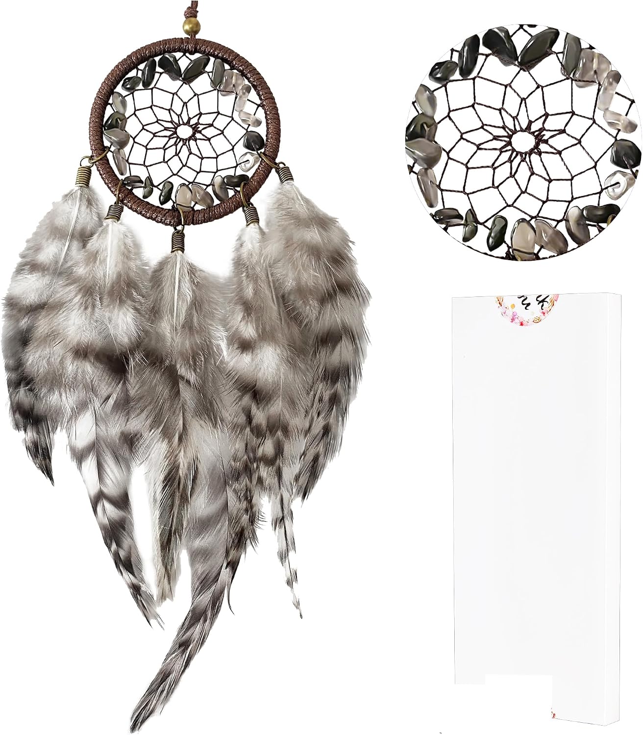 Mini Dream Catchers - Pearl Chicken Feather with Grey Agate Healing Crystal, Handmade Small Dreamcatcher for Bedroom, A Dream Catcher for Girls, Dream Catchers for Boys, Dream Catcher Wall Decor