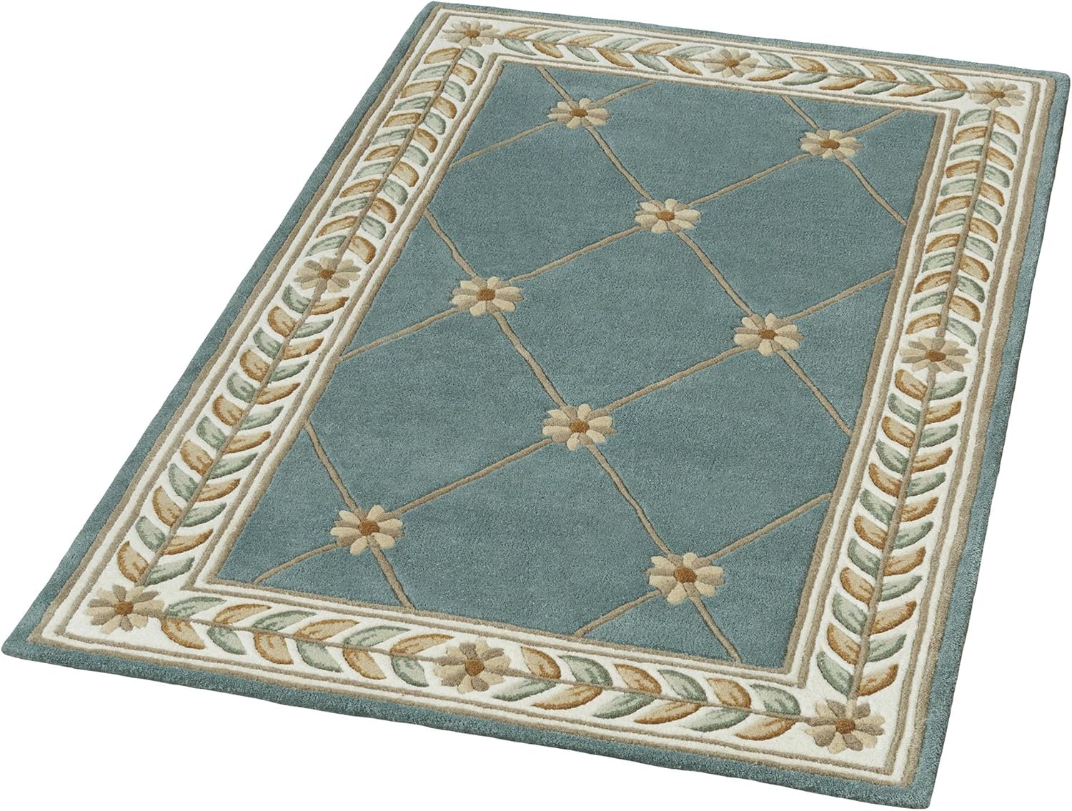 Fleurette Traditional Area Rug | 3 feet 3 inches x 5 feet 3 inches | Classic Wedgewood Blue | Elegant Hand-Tufted & Handcarved Pure Wool Rectangle Area Rug with Diamond Latticework, Florals & Leaves