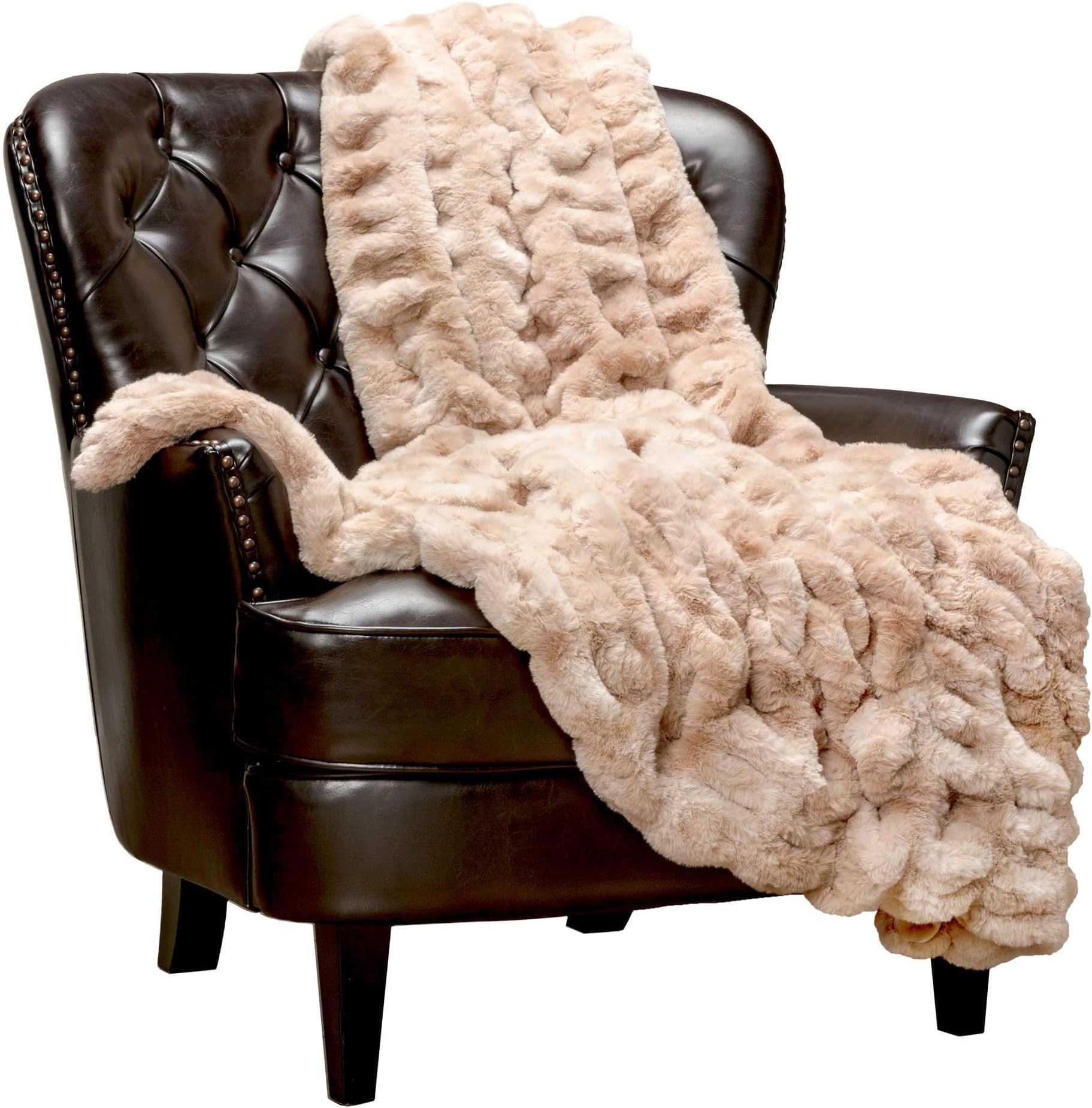 Chanasya Premium Ruched Faux Fur Throw Blanket - Luxurious, Soft Reversible Mink Blanket - 50" x 65” - Beige