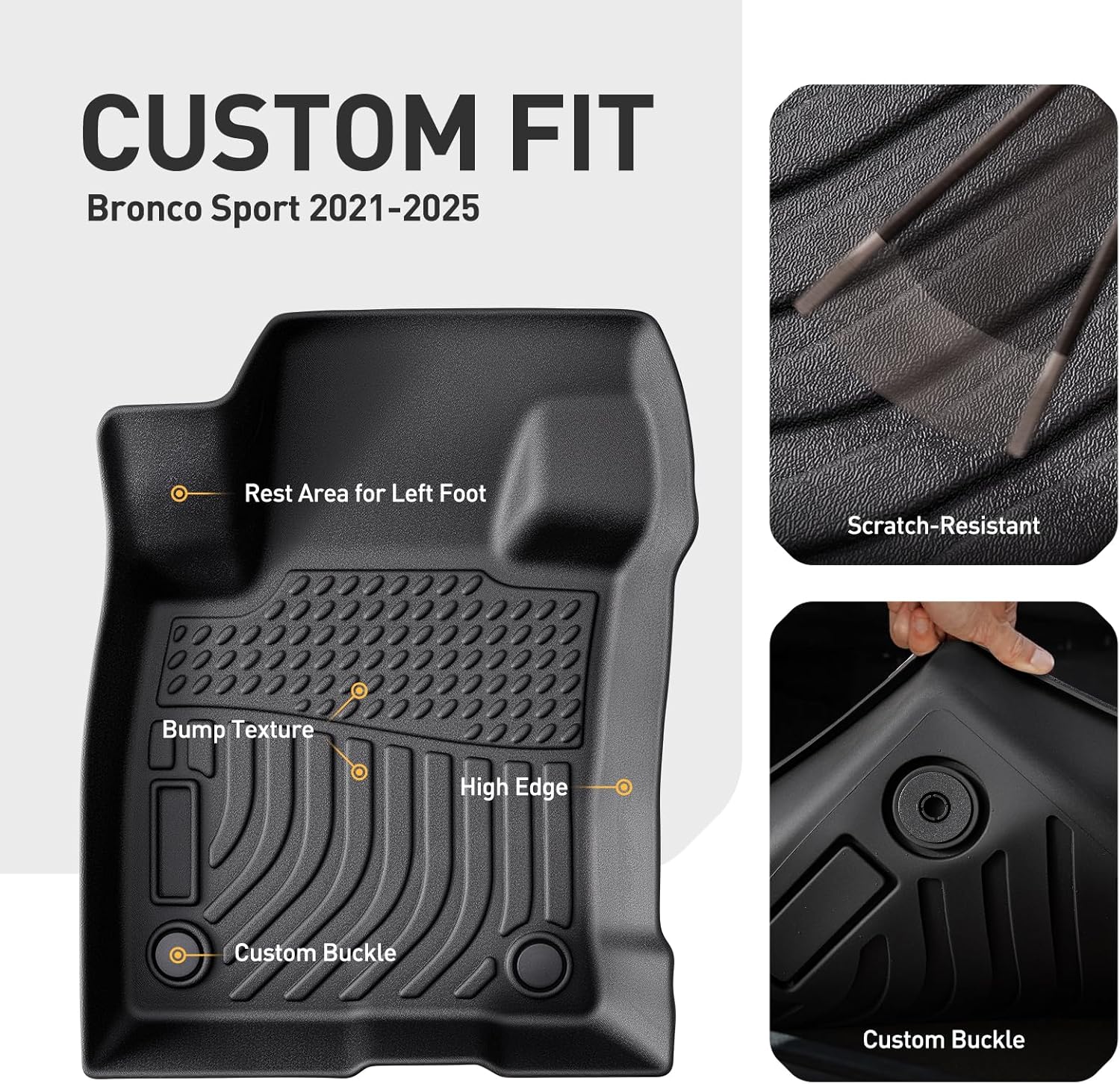 DiffCar® Floor Mats for Ford Bronco Sport: 2021 2022 2023 2024 2025 (only for Sport), All Weather TPE Car Accessories for Bronco Sport 2021-2025 Black Floor Mats & Trunk Liner (w/Full Size Spare Tire)