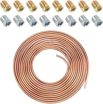 25Ft 5/16 Brake Line Kit Iron Copper Plated,Flexible 5/16 Brakes Lines Tubing Kit Includes 16PCS Inverted Tube Nuts,Professional Car Brakes Line Repair Kits Car Accessories