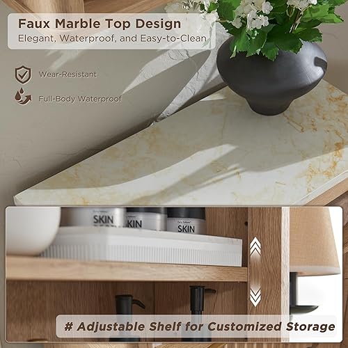 Miniatura 4 de T4TREAM Armario de pared de baño acanalado con puerta corredera, gabinete de medicina moderno con parte superior de mármol sintético y estante