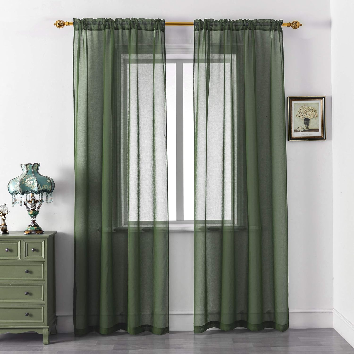 DUALIFE Hunter Green Sheer Curtains 84 Inches Long,Faux Linen Semi Sheer Curtain Drapes for Living Room Bedroom Nursery Kitchen Bathroom Privacy Voile Window Treatment Panels,52 x 84 Inches,Set of 2