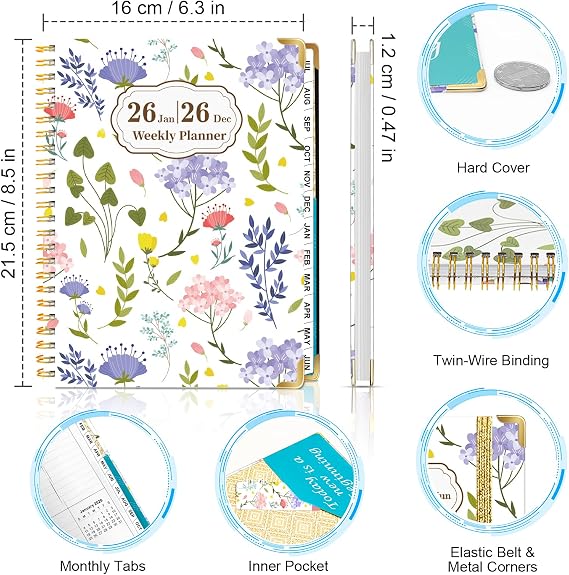 Weekly Monthly Planner 2026, Weekly Planner from Jan. 2026 - Dec. 2026, 6.3 X 8.5 Daily Planners with Tabs, Bookmark, Calendar Notebook for Women Girls, Planners Spiral Bound at School/Office