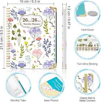 Weekly Monthly Planner 2026, Weekly Planner from Jan. 2026 - Dec. 2026, 6.3 X 8.5 Daily Planners with Tabs, Bookmark, Calendar Notebook for Women Girls, Planners Spiral Bound at School/Office