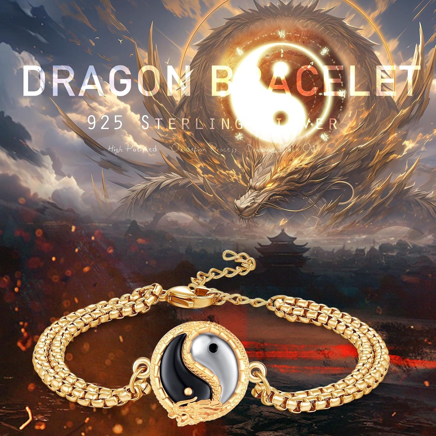 Yin Yang Dragon Bracelet for Men 925 Sterling Silver Yin Yang Bracelet Animal Bracelets Dragon Jewelry Birthday Gift for Men Women