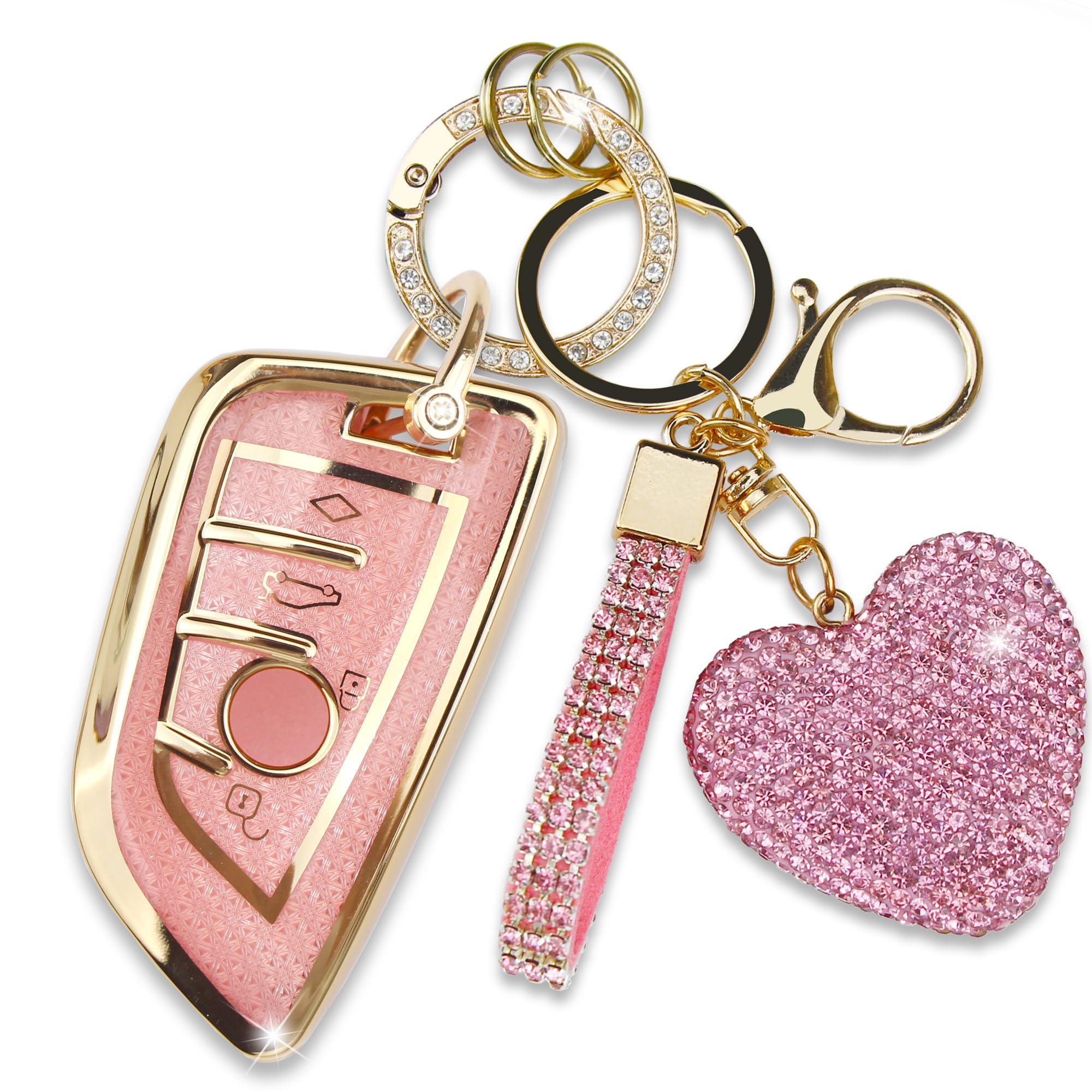 Simocky Key Fob Cover with Diamond Keychain, Car Key Shell for Women, Compatible with BMW X1 X2 X3 X5 X6 X7 GT and 2 5 6 7 Series Smart Remote Key