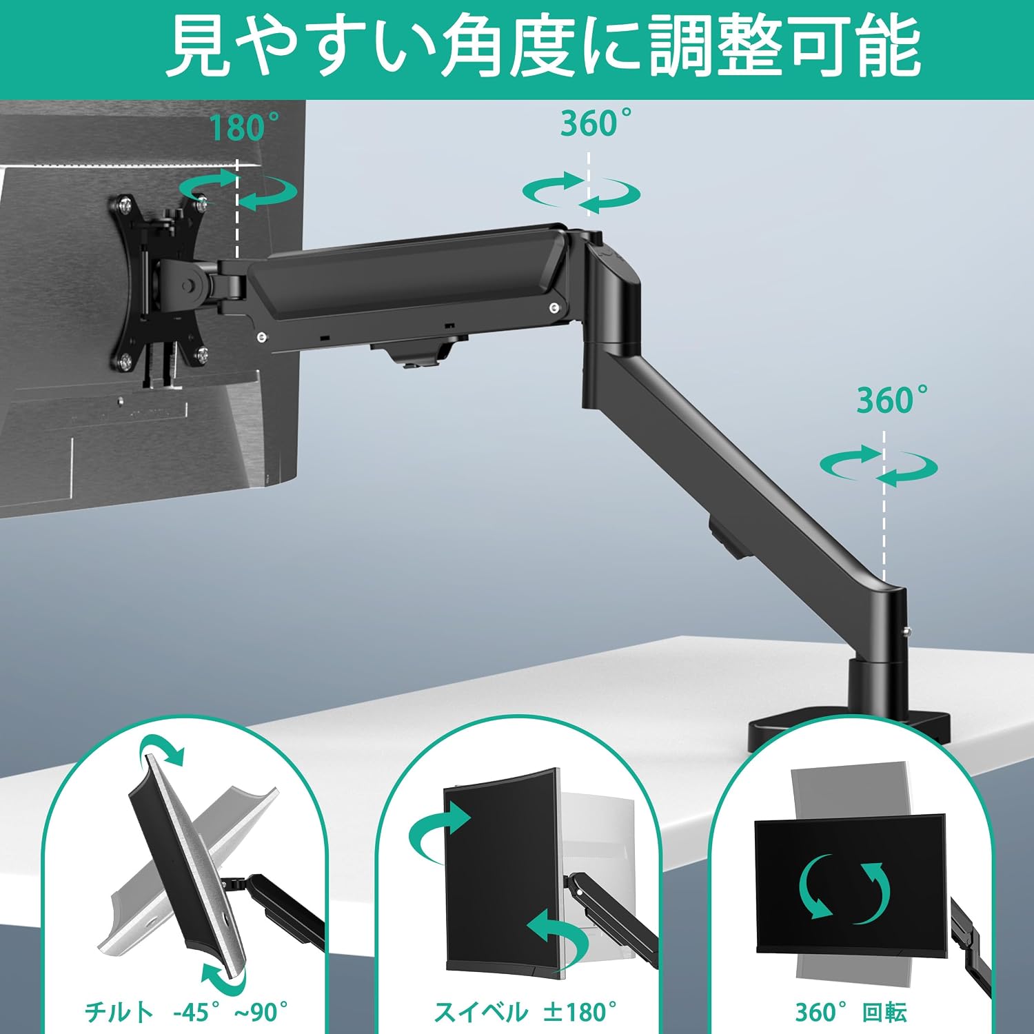 Diagram showing the various adjustment capabilities of the monitor arm, including tilt, swivel, and 360-degree rotation.