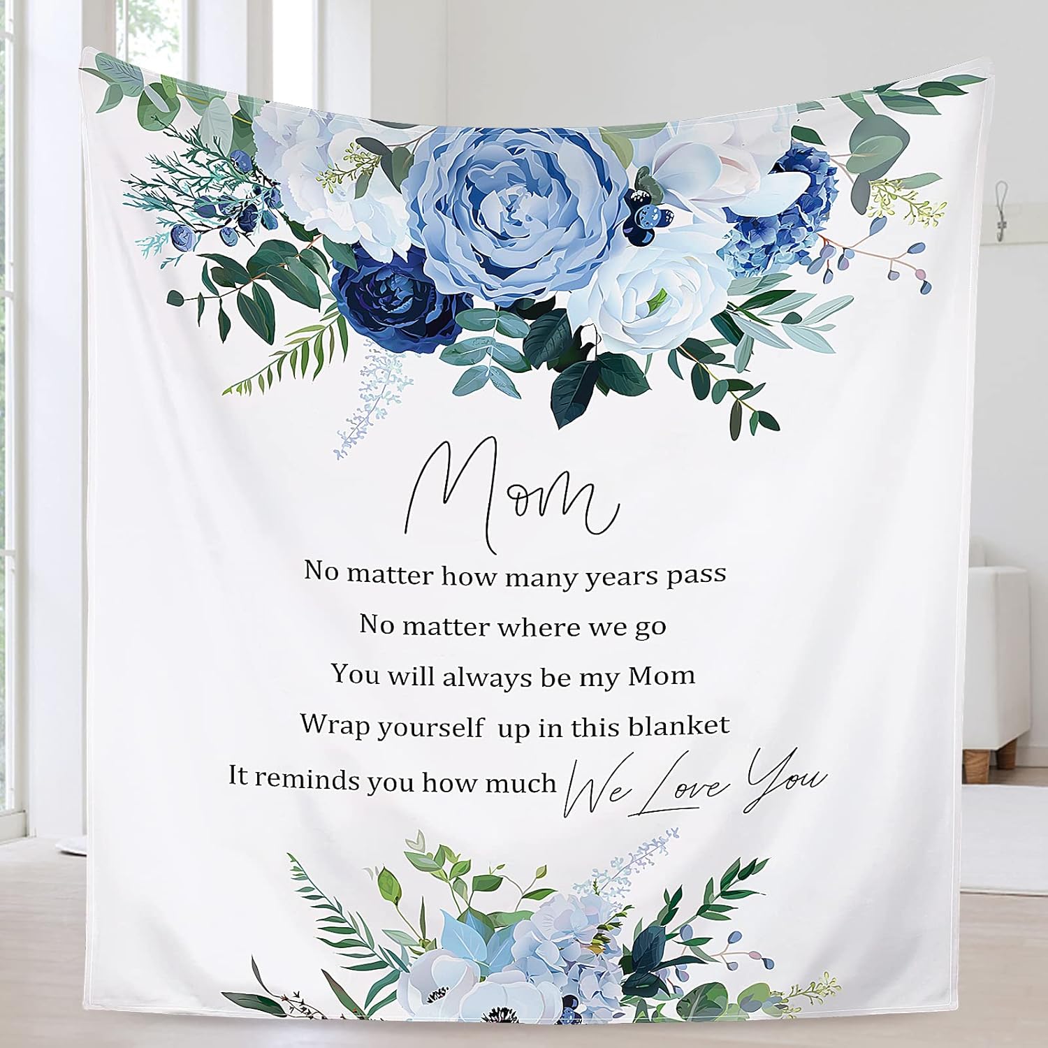 Gifts for Mom - 60" X 50" Blue Soft Flower Blanket for Thanksgiving Day, Birthday from Daughter or Son - I Love You Mom
