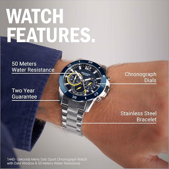 Sekonda Solo Mens Watch – 44mm Sport Chronograph Watch for Men with Silver Stainless Steel Strap, Date Window and Fixed Bezel – 50m Water Resistant –